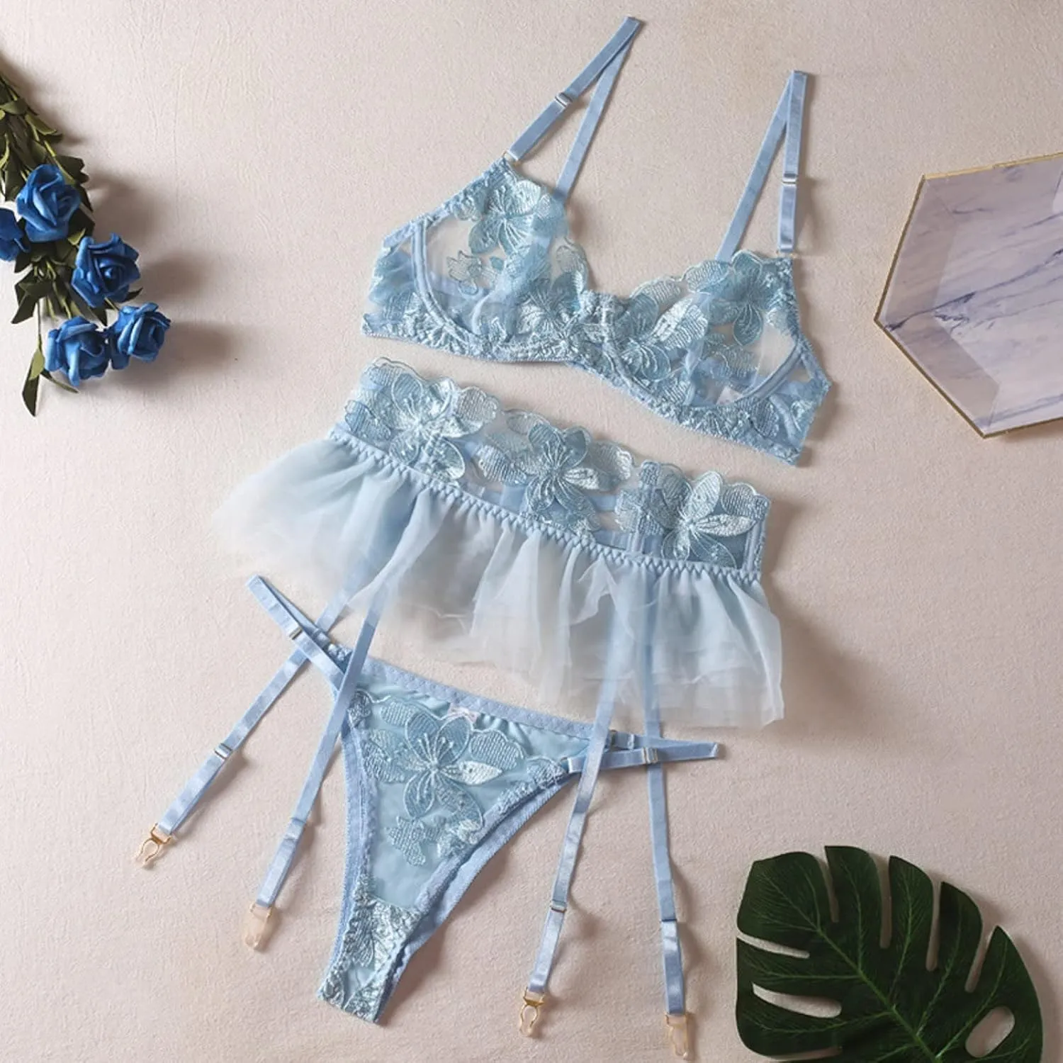 Lingerie Set for Women Flange Garter Belt Underwear Bra With Underwire Embroidery Three Piece Set