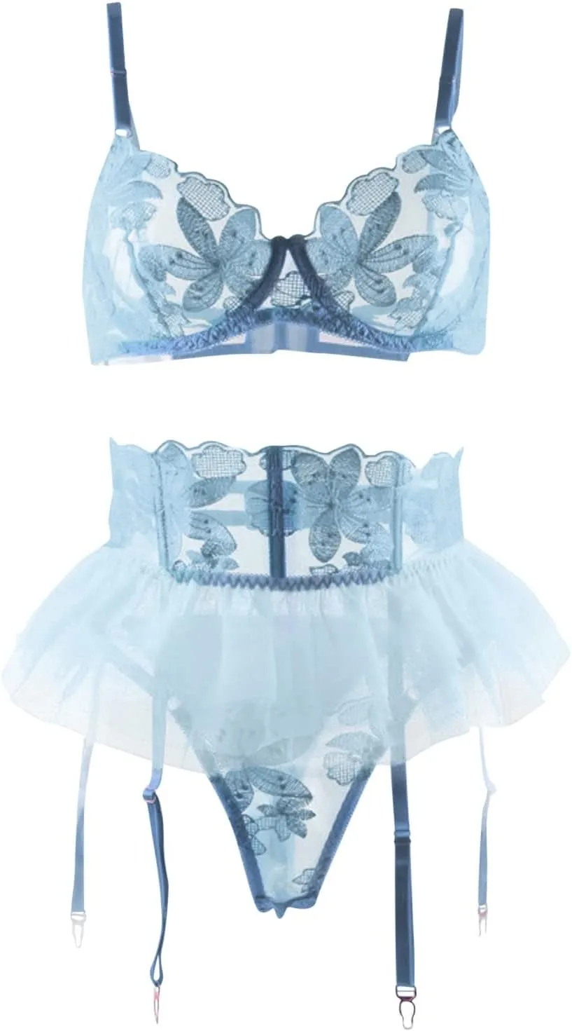 Lingerie Set for Women Flange Garter Belt Underwear Bra With Underwire Embroidery Three Piece Set