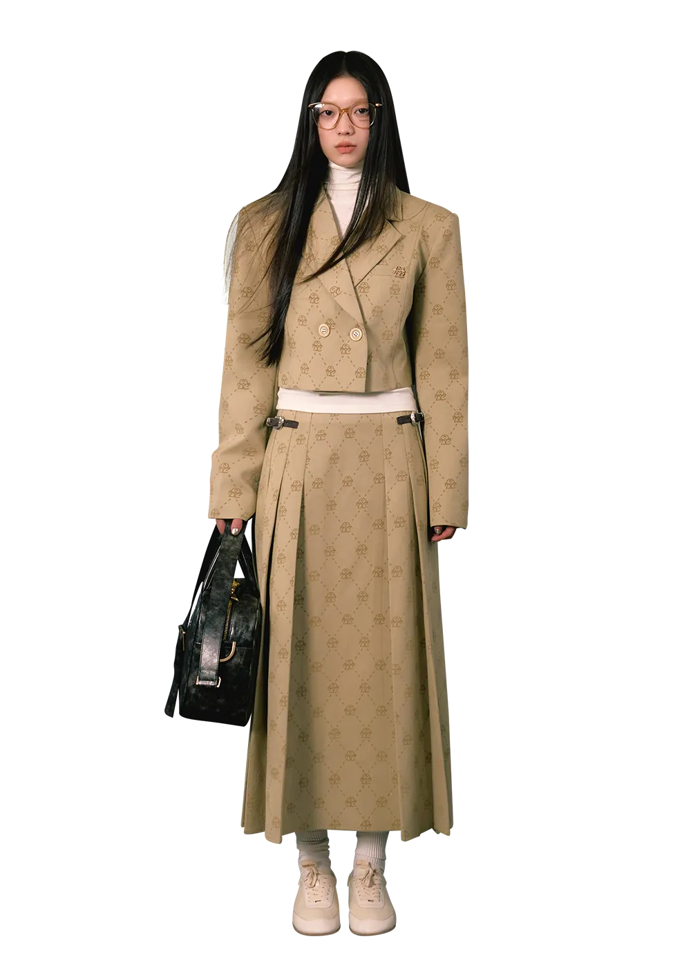 LLDC Allover Logo Cropped Blazer & Pleated Maxi Skirt