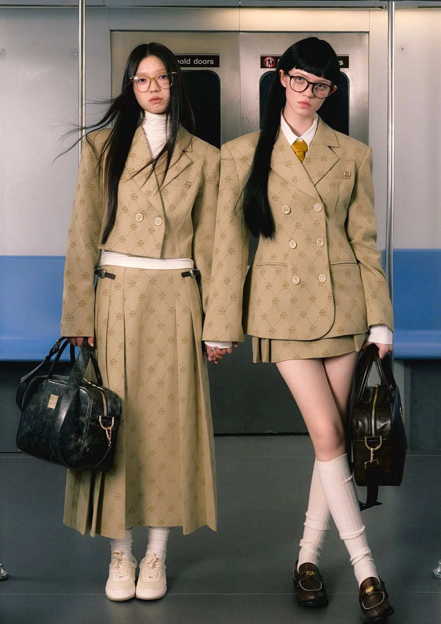 LLDC Allover Logo Cropped Blazer & Pleated Maxi Skirt