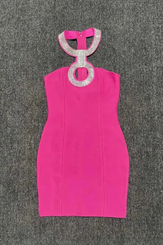 Lock n Key Rhinestone Halter Neck Mini Dress