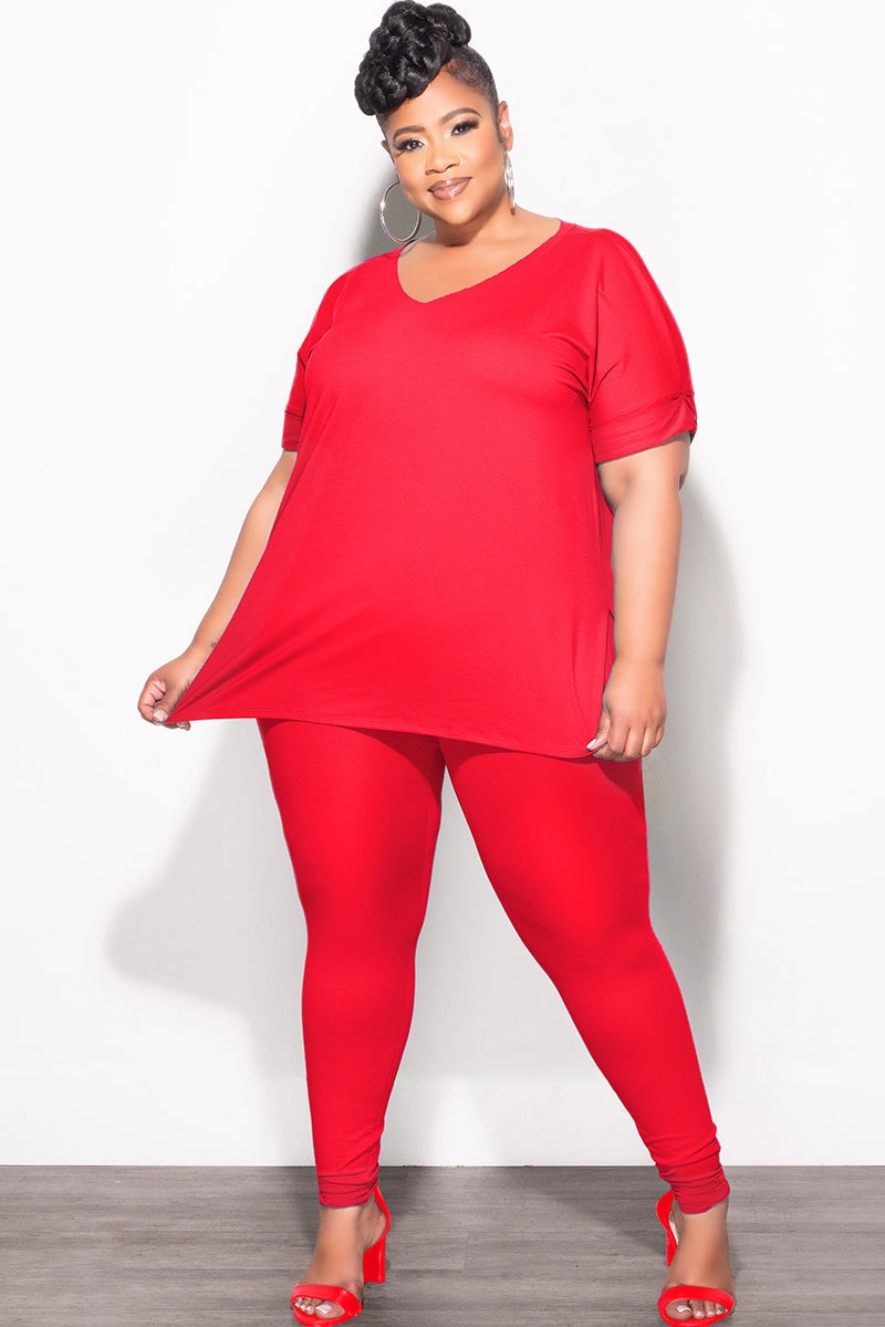 Final Sale Plus Size 2pc V-Neck Tunic Top and Matching Legging Set in Red Seamless Waistband