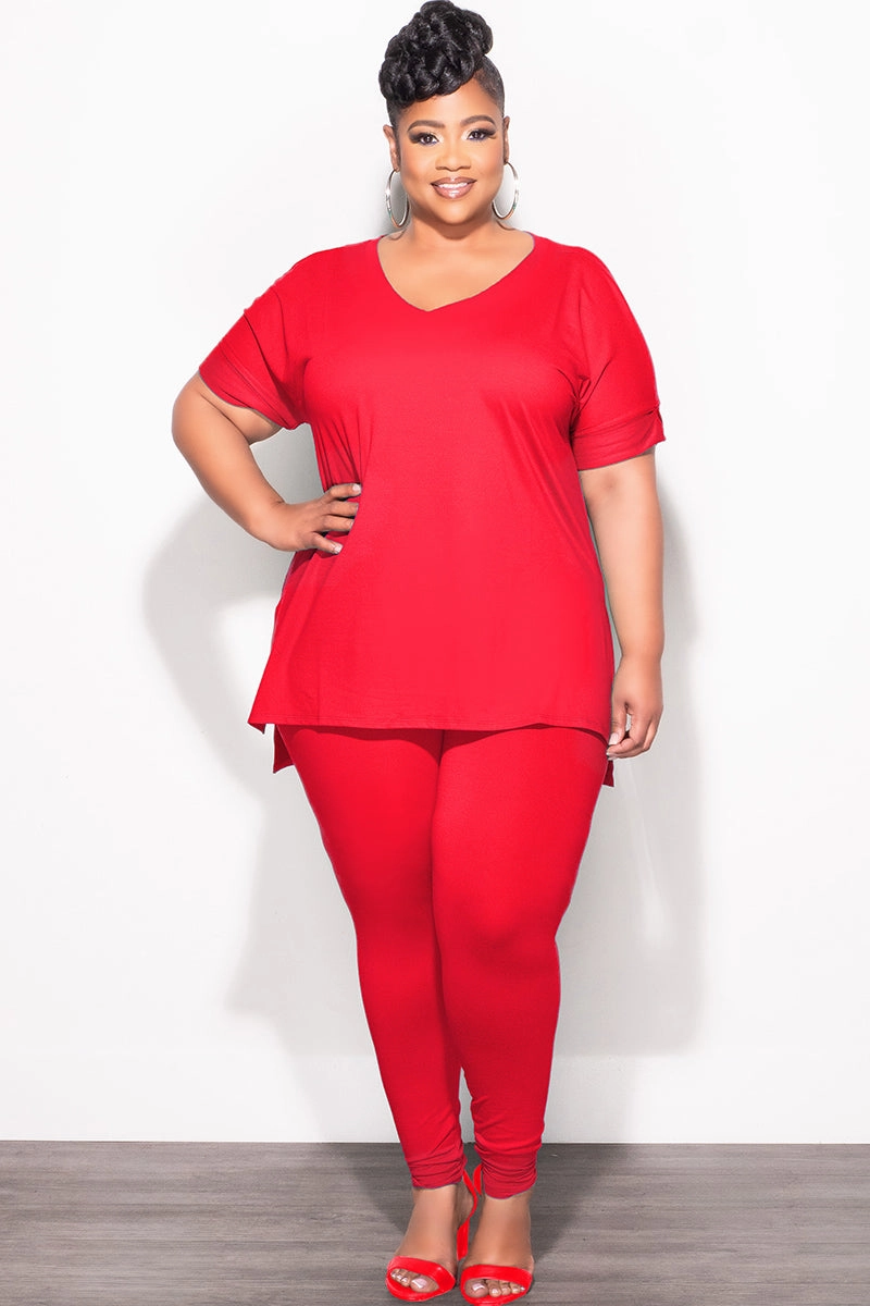 Final Sale Plus Size 2pc V-Neck Tunic Top and Matching Legging Set in Red Smart Utility DoubleLayeredHem