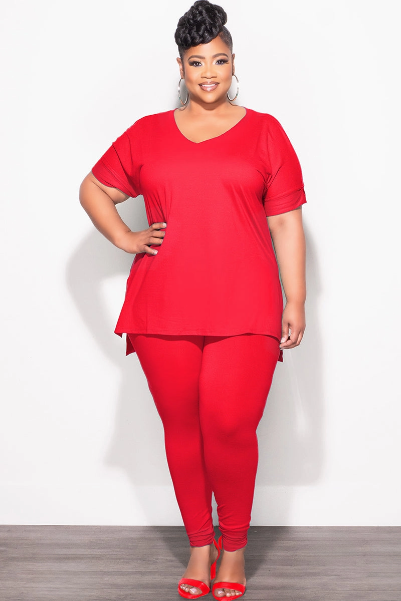 Sporty Stretch Fit Final Sale Plus Size 2pc V-Neck Tunic Top and Matching Legging Set in Red