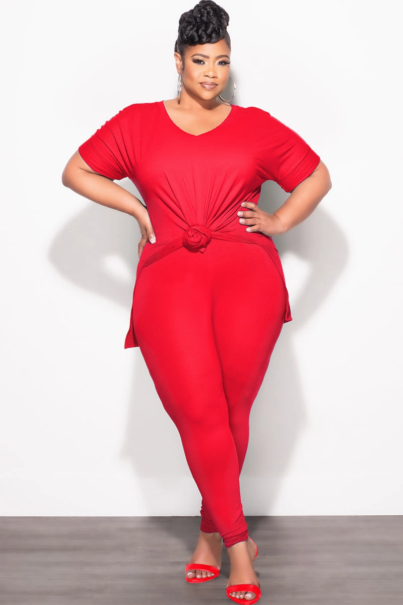 Final Sale Plus Size 2pc V-Neck Tunic Top and Matching Legging Set in Red Non Slip Waist Grip Boho chic