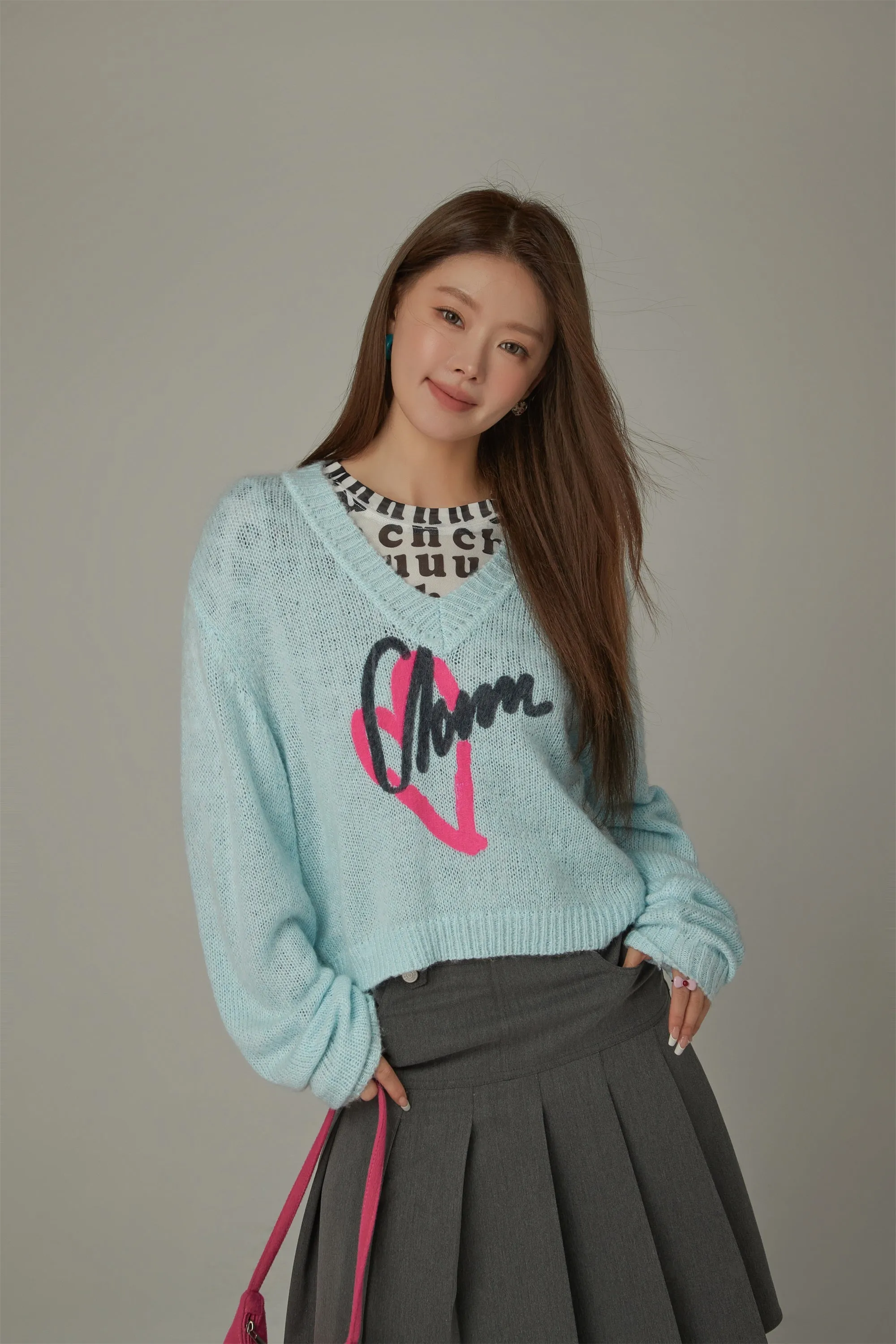 Logo Heart V-Neck Knit Sweater