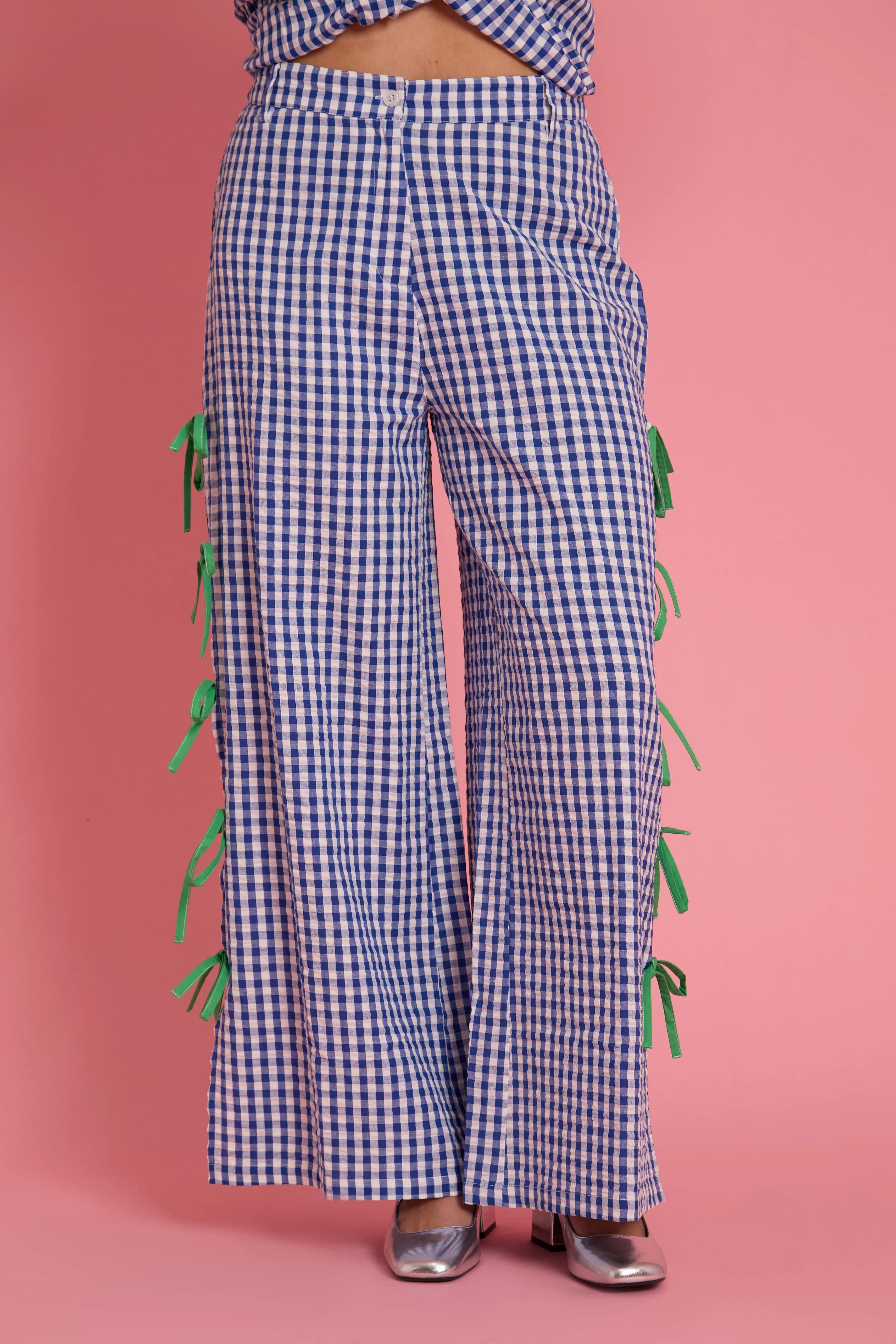 Wear Resistant Fabric Anti Static Treatment Lola Gingham Bow Wide Leg Trousers - Curve
