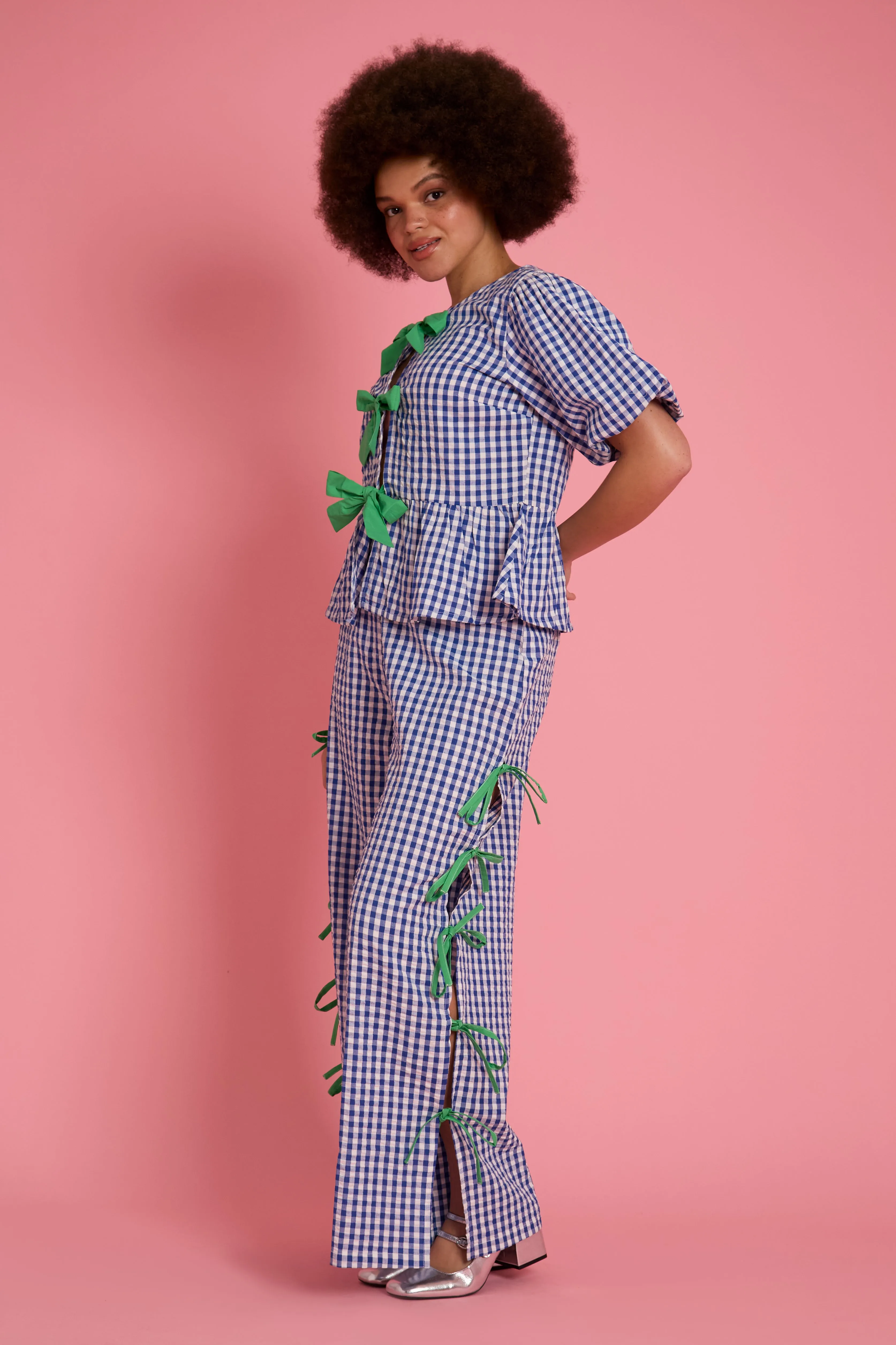 UPF Protective Fabric TearResistant Lola Gingham Bow Wide Leg Trousers - Curve