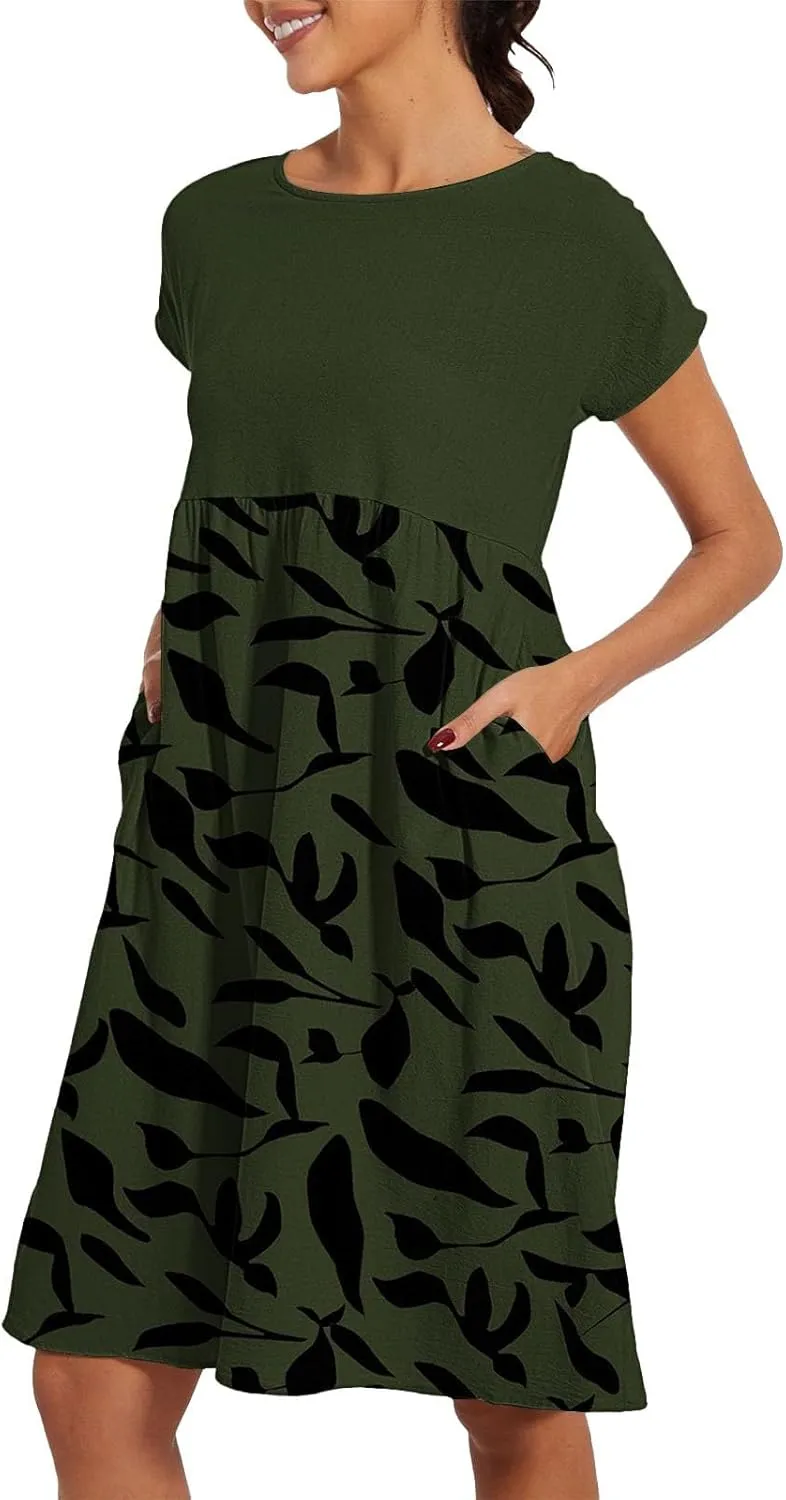 Long Floral Dresses for Women 2025 Elegant Short Sleeve Maxi Dress Patchwork Short Sleeve Modest Flowy A Line Dress