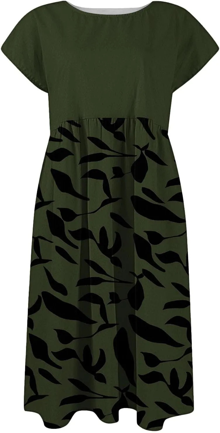 Long Floral Dresses for Women 2025 Elegant Short Sleeve Maxi Dress Patchwork Short Sleeve Modest Flowy A Line Dress