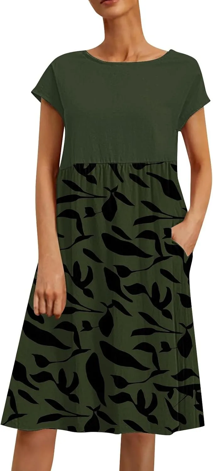 Long Floral Dresses for Women 2025 Elegant Short Sleeve Maxi Dress Patchwork Short Sleeve Modest Flowy A Line Dress