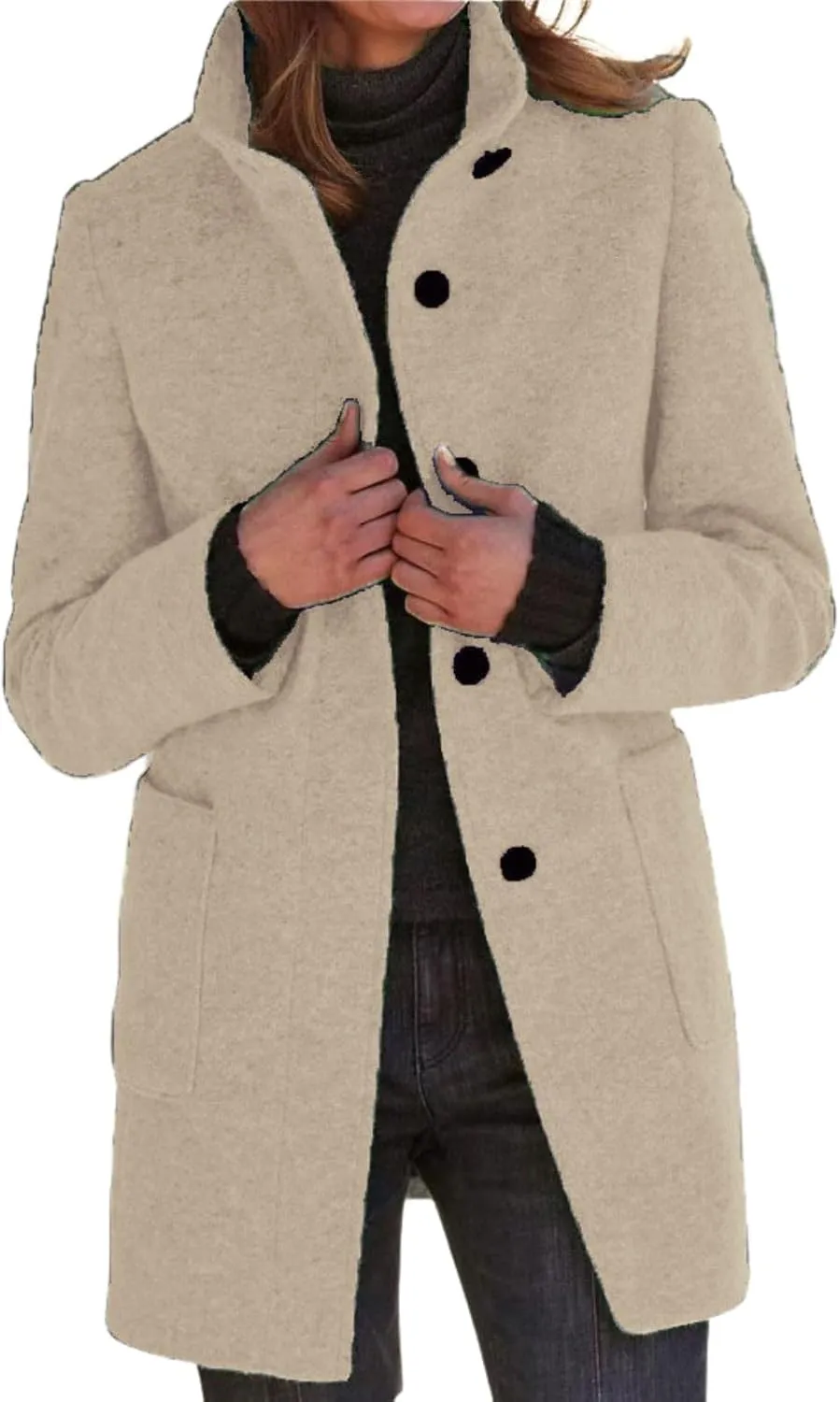 Long Pea Coats for Women 2024 Fall Winter Stand Collar Single Breasted Wool Blend Trench Coat Casual Blazer Jacket