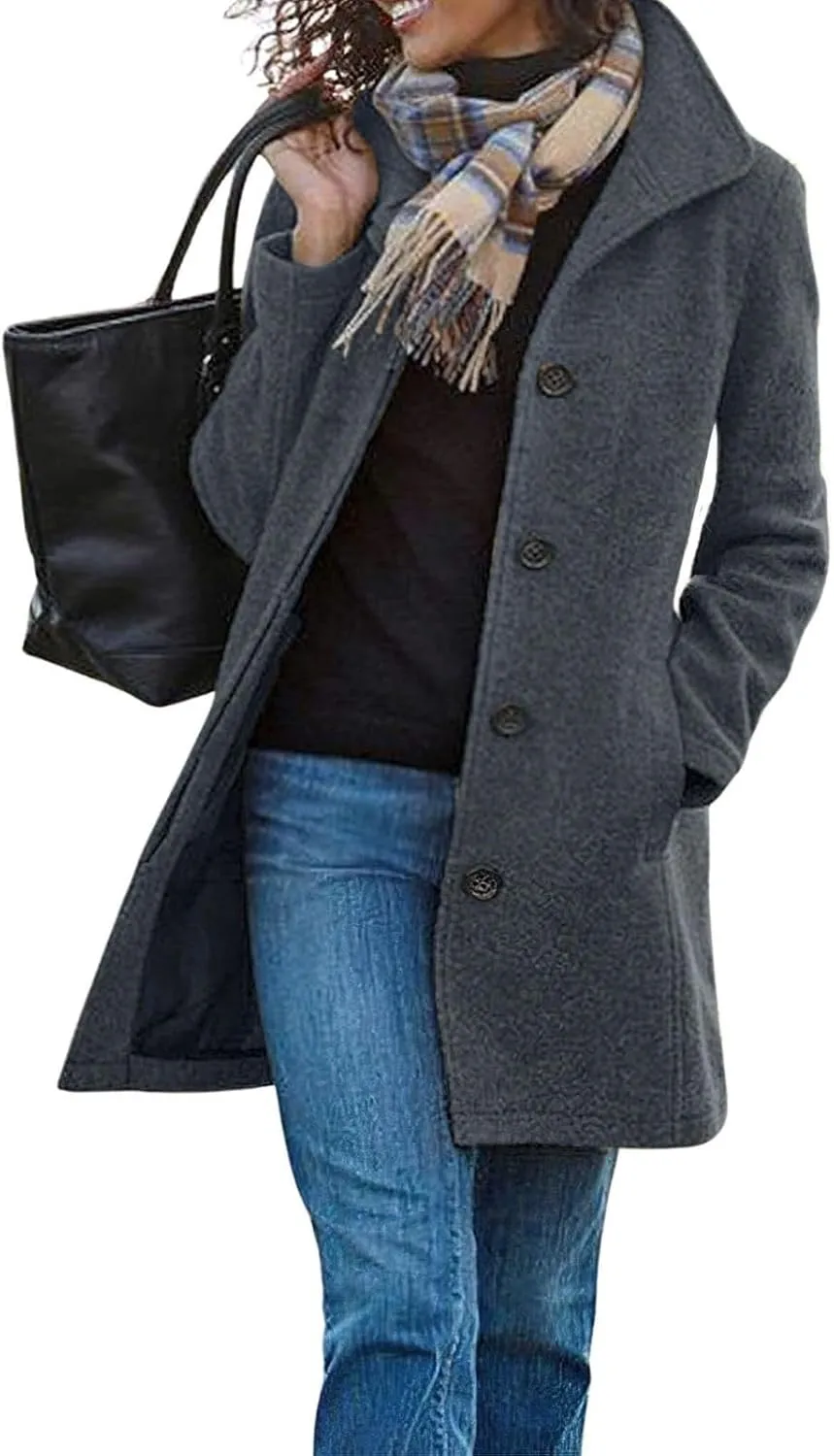Long Pea Coats for Women 2024 Fall Winter Stand Collar Single Breasted Wool Blend Trench Coat Casual Blazer Jacket
