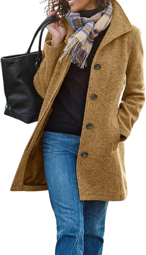 Long Pea Coats for Women 2024 Fall Winter Stand Collar Single Breasted Wool Blend Trench Coat Casual Blazer Jacket