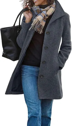 Long Pea Coats for Women 2024 Fall Winter Stand Collar Single Breasted Wool Blend Trench Coat Casual Blazer Jacket