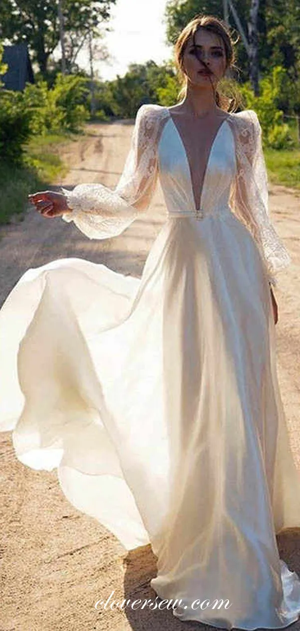 Long Puff Lace Sleeves Deep V-neck A-line Wedding Dresses ,CW0105