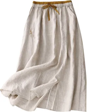 Long Skirts for Women Summer Casual Embroidered Floral Cotton Linen Skirt Dress Loose Fit Elastic Waist Maxi Skirts