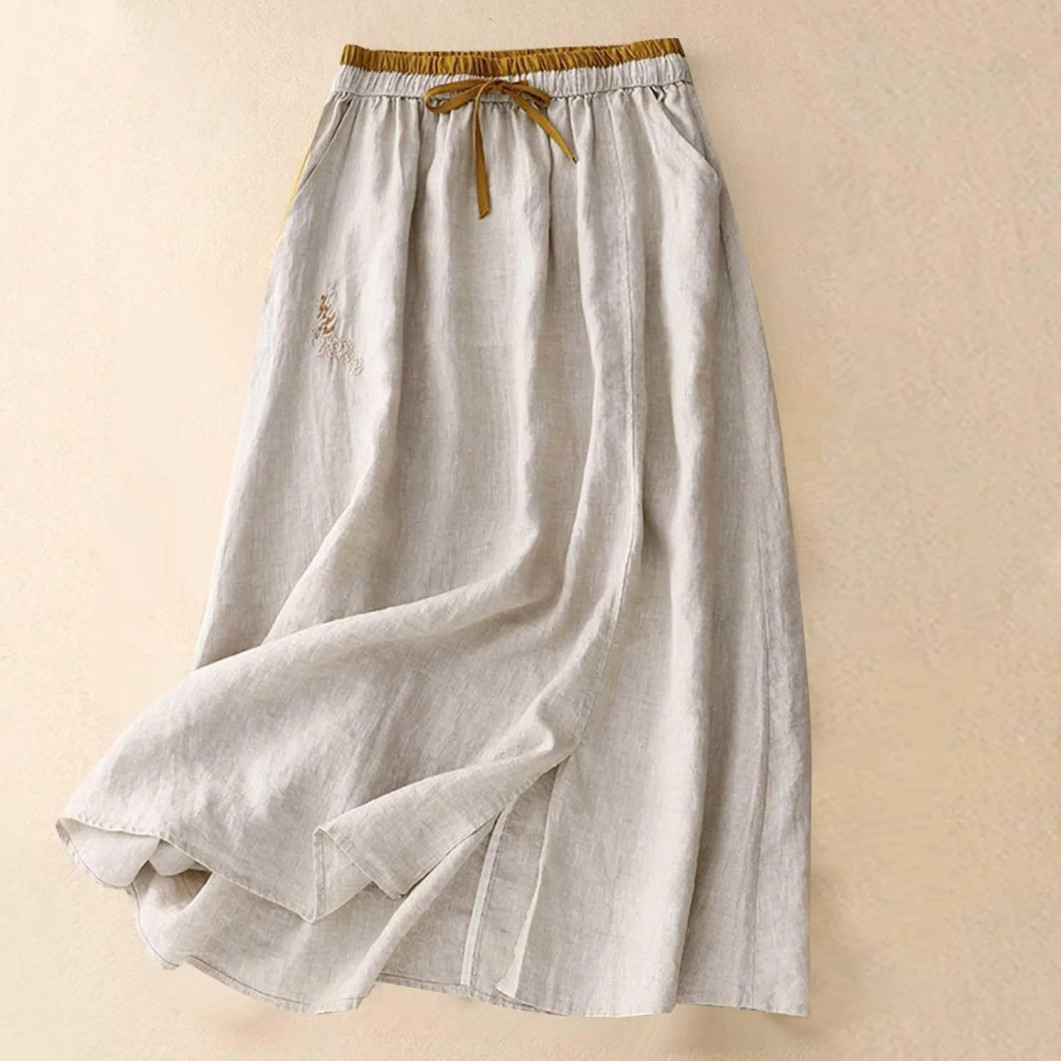 Long Skirts for Women Summer Casual Embroidered Floral Cotton Linen Skirt Dress Loose Fit Elastic Waist Maxi Skirts