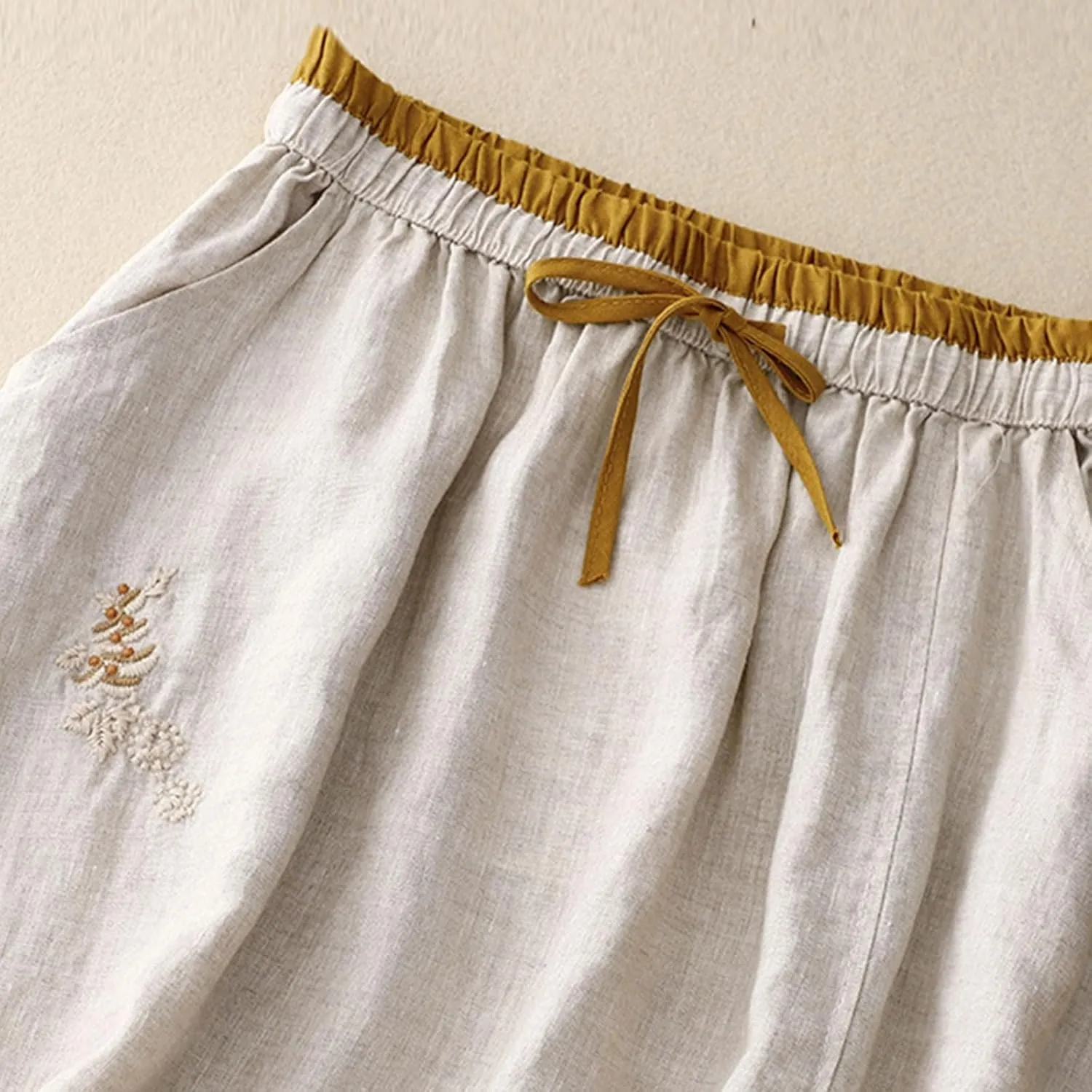Long Skirts for Women Summer Casual Embroidered Floral Cotton Linen Skirt Dress Loose Fit Elastic Waist Maxi Skirts