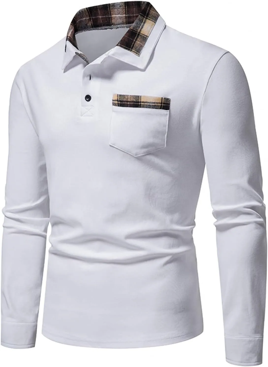 Long Sleeve Polo Shirt for Men Casual Slim Fit Button Down Cotton Blend Shirts Contrast Color Patchwork Golf Tee Tops