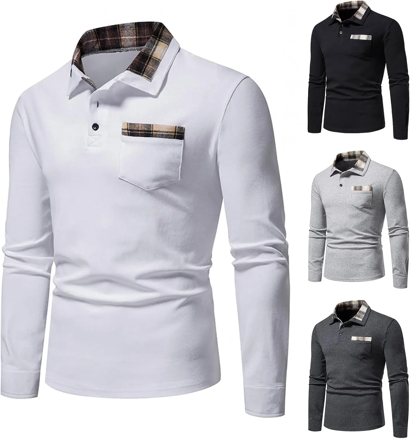 Long Sleeve Polo Shirt for Men Casual Slim Fit Button Down Cotton Blend Shirts Contrast Color Patchwork Golf Tee Tops