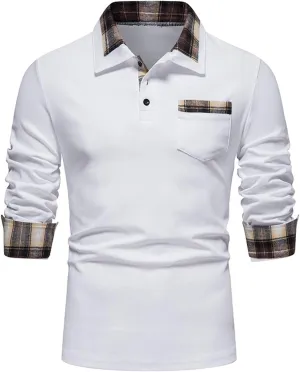 Long Sleeve Polo Shirt for Men Casual Slim Fit Button Down Cotton Blend Shirts Contrast Color Patchwork Golf Tee Tops