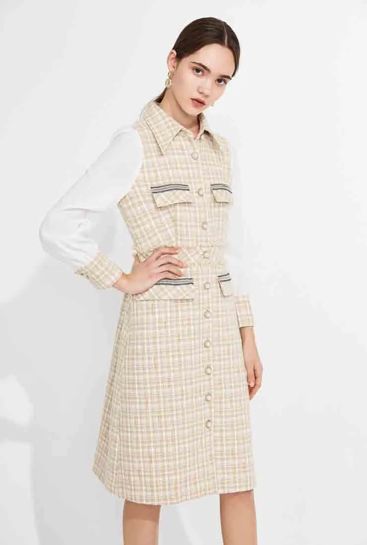 Long Sleeve Tweed Plaid Midi Dress