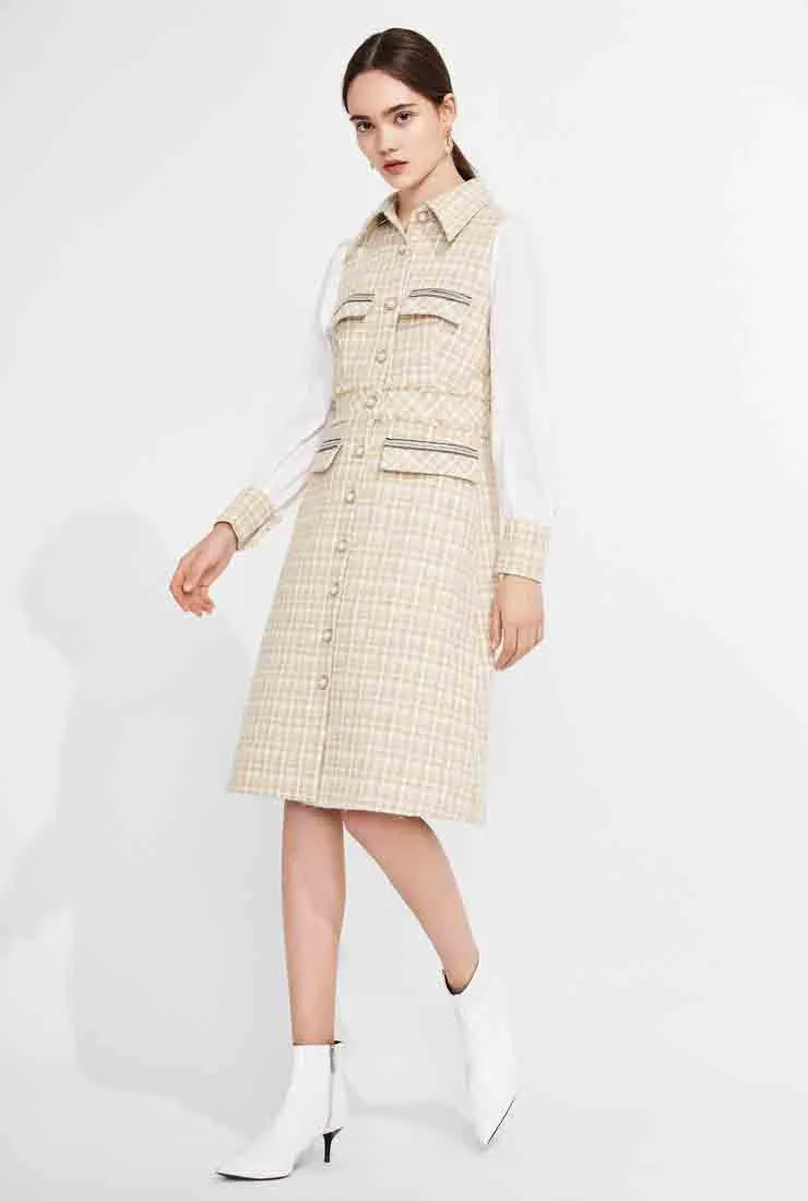 Long Sleeve Tweed Plaid Midi Dress