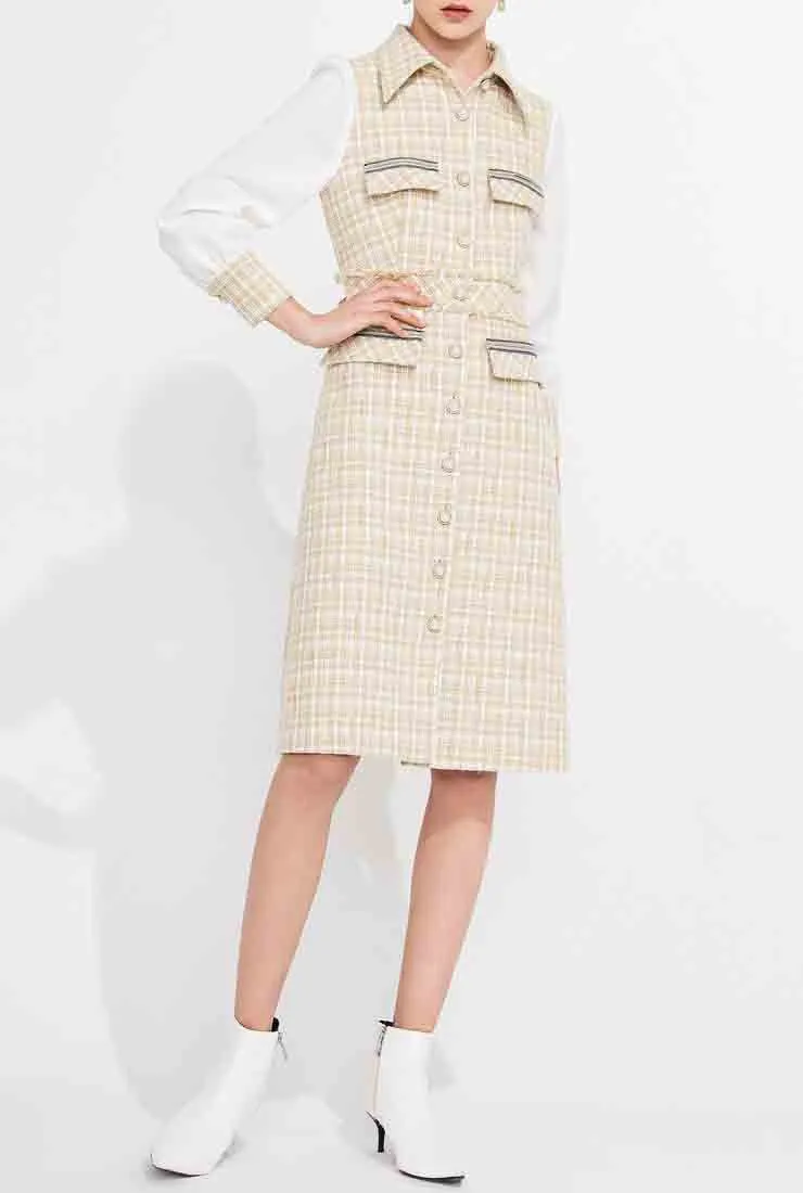 Long Sleeve Tweed Plaid Midi Dress