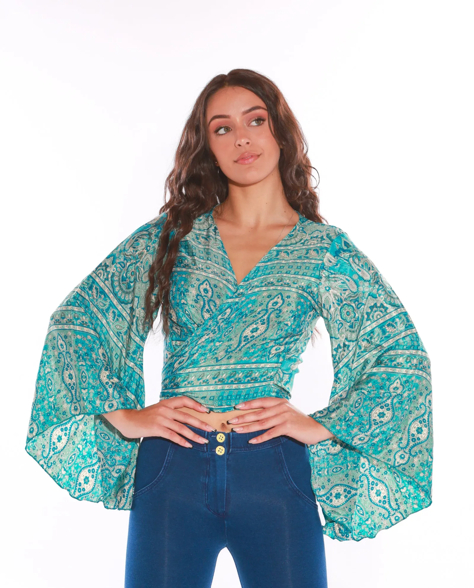 Long sleeve Wrap top - Freesize- blue