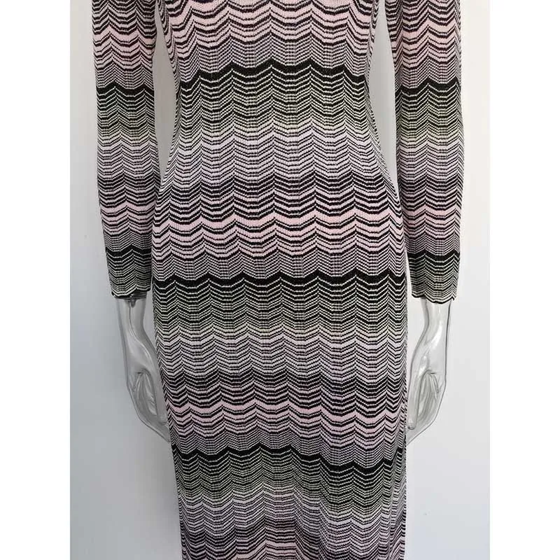 Long Sleeves Multi-Knitted Midi Dress Cut-Out Back Long Dress