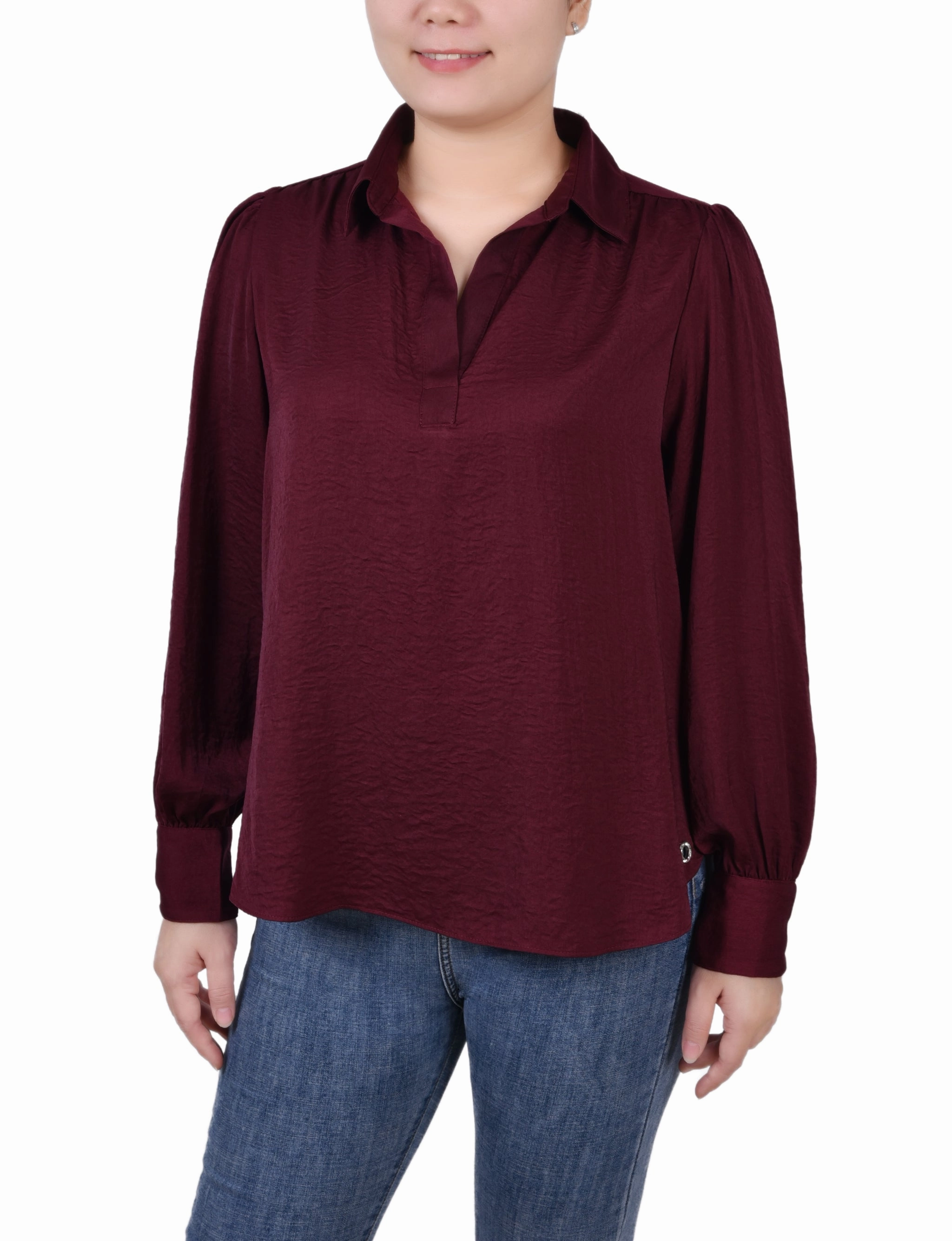 SeamlessConstruction Light Fabric Long Puff Sleeve Satin Blouse