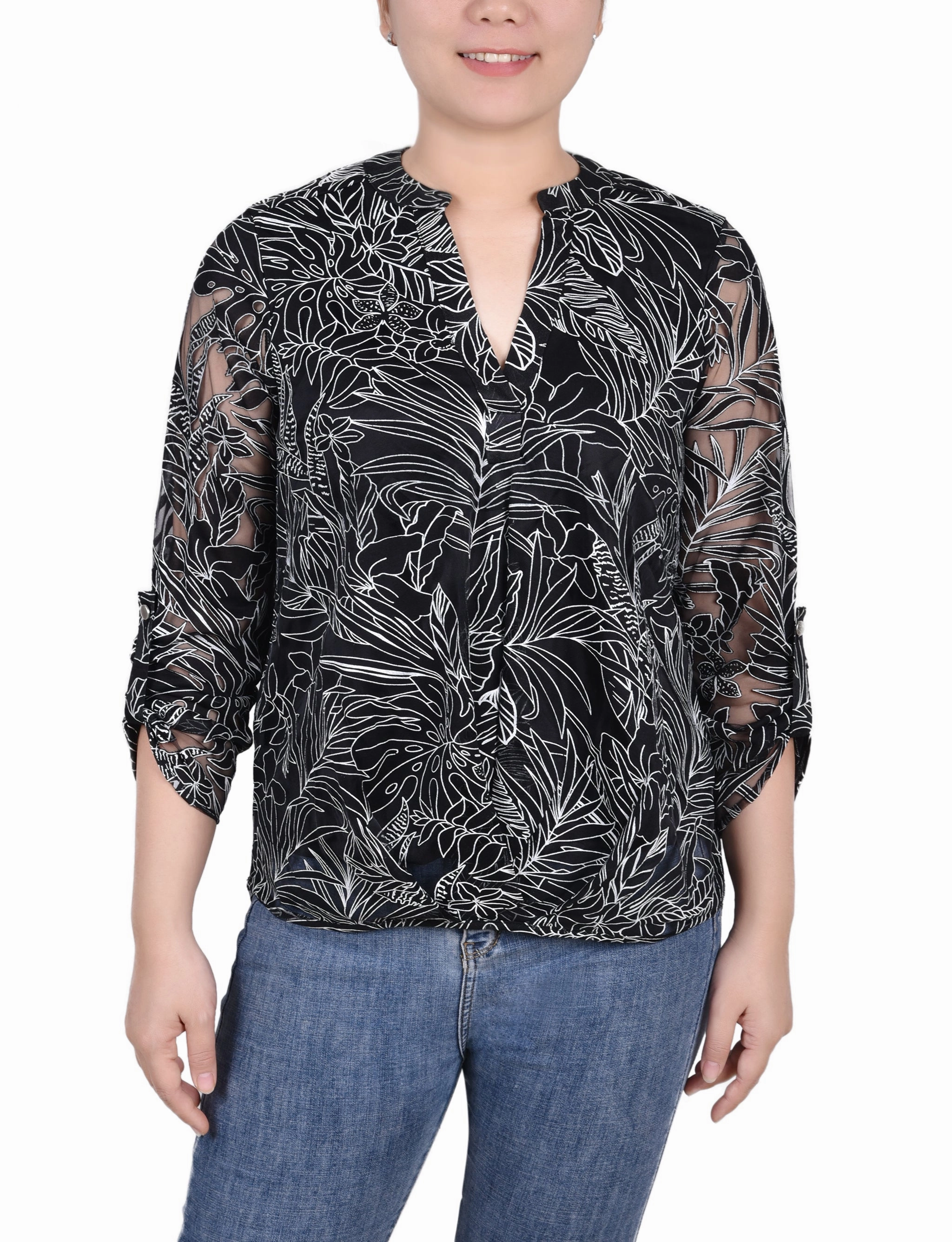 Long Sleeve Burnout Y Neck Blouse Low Profile Collar RaglanSleeve