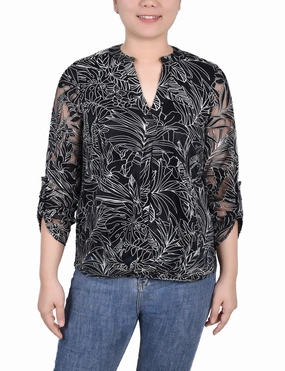 Long Sleeve Burnout Y Neck Blouse Low Profile Collar RaglanSleeve