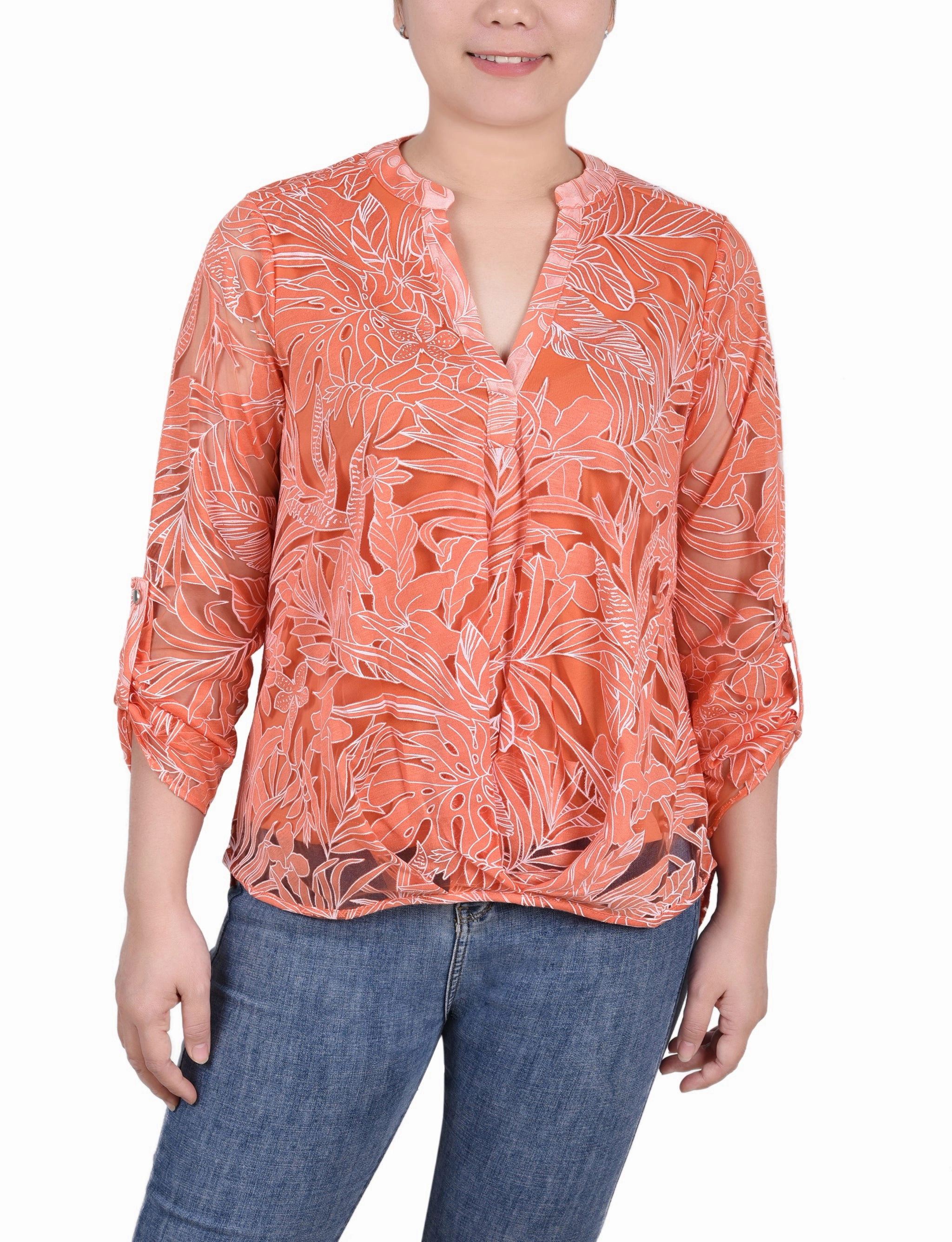 Long Sleeve Burnout Y Neck Blouse Durable Reinforced Elbow Patches