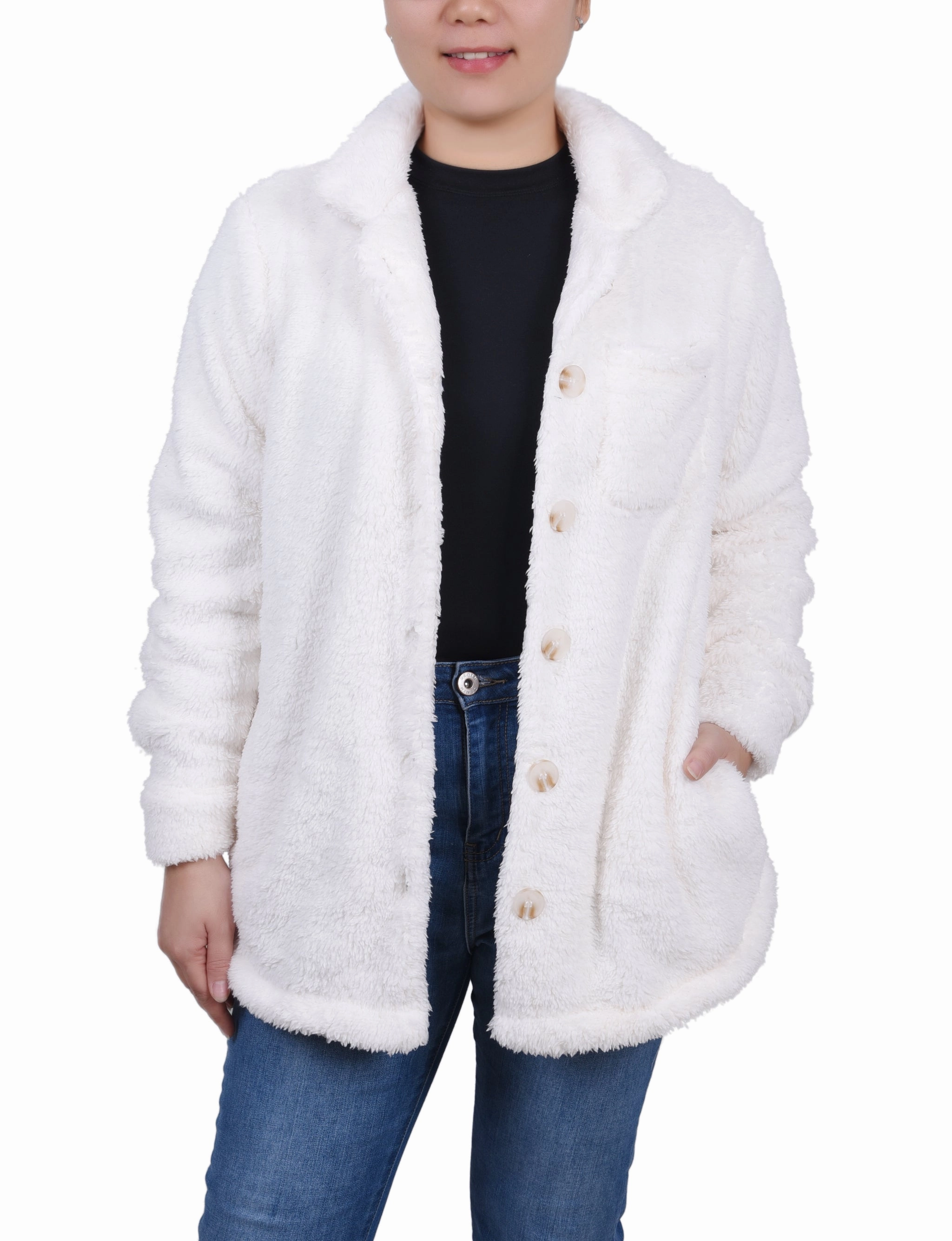 Reflective Accent Trim Drop Shoulder Silhouette Long Sleeve Button Front Sherpa Jacket