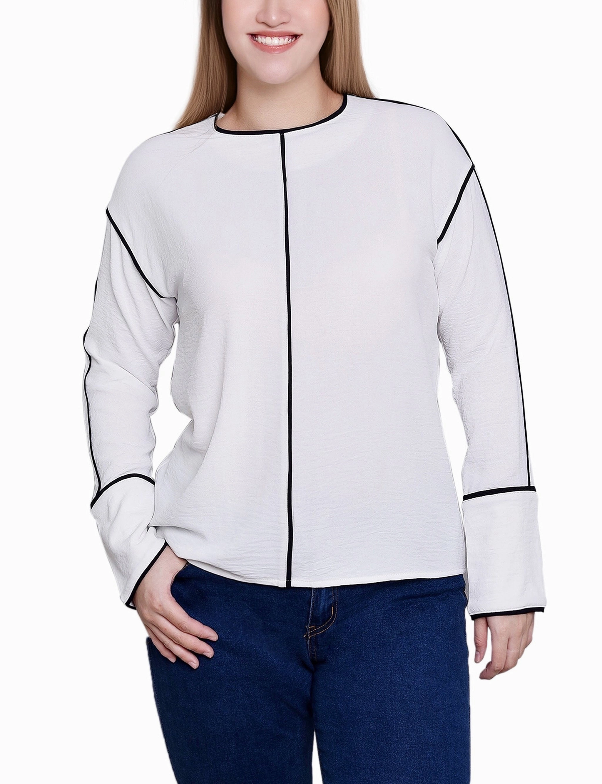 Fade Resistant Dye UV Protective Layer Long Sleeve Contrast Piped Blouse