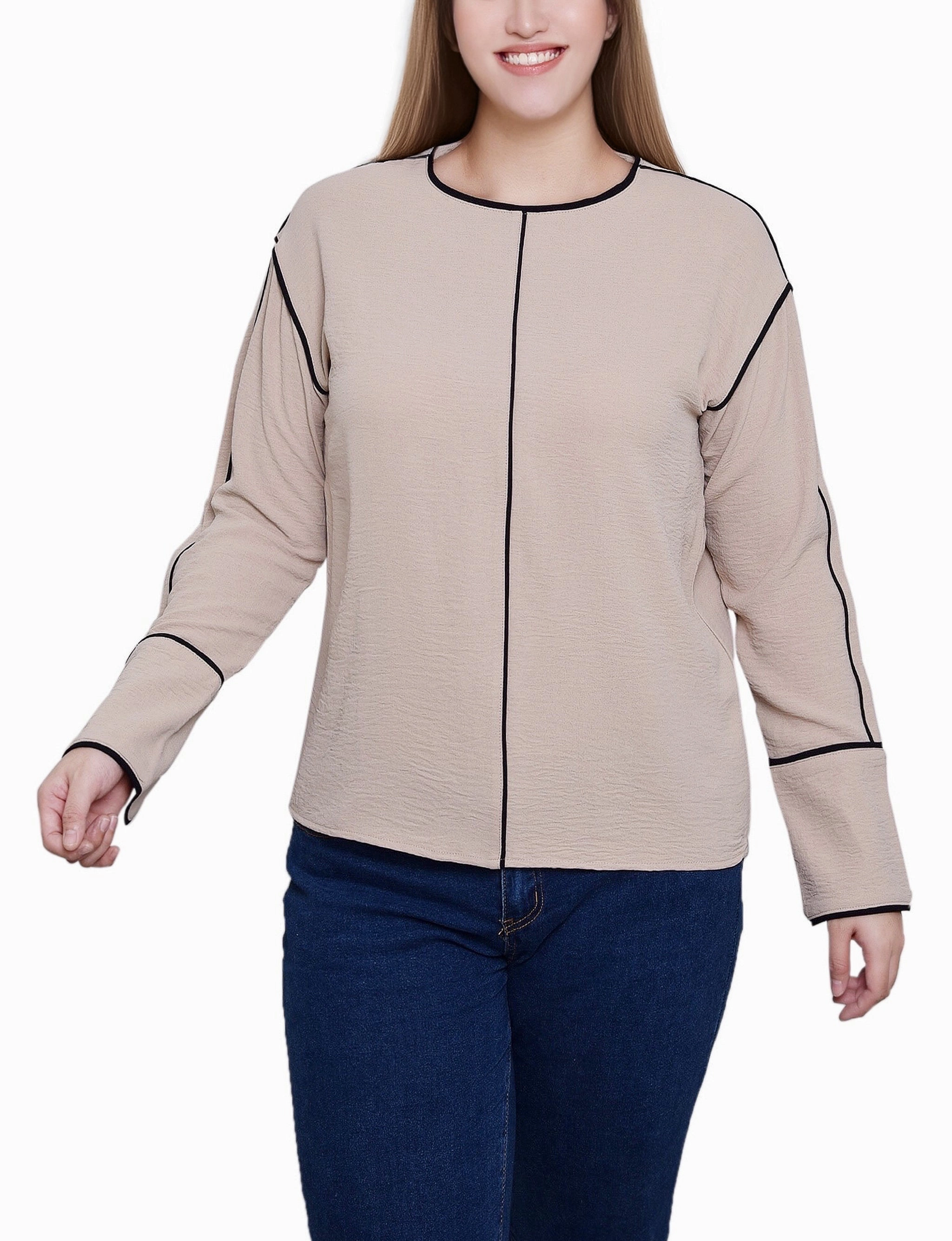 Layered Panel Construction Long Sleeve Contrast Piped Blouse