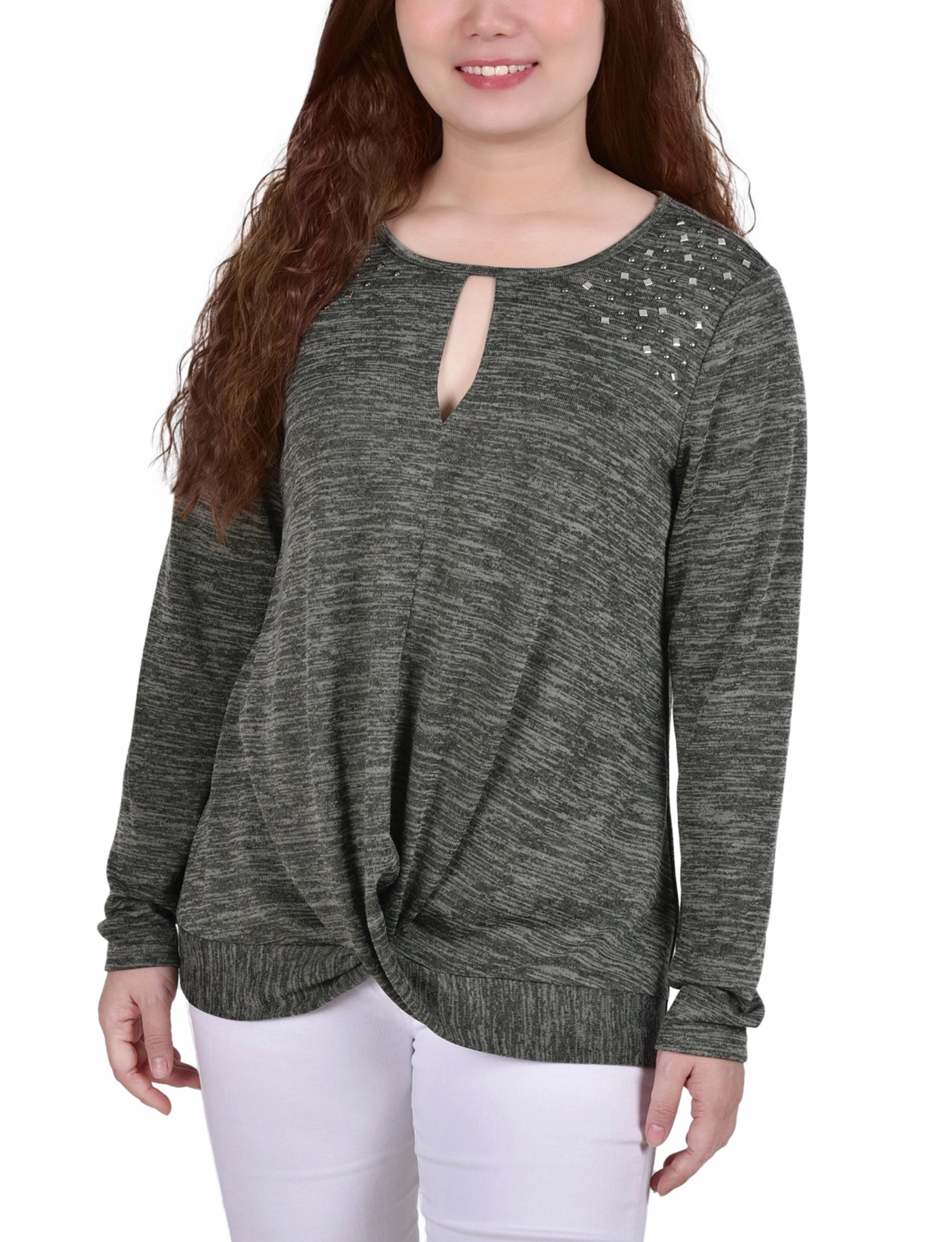 Asymmetrical hem Printed Blouse Long Sleeve Knit Keyhole Top With Studs