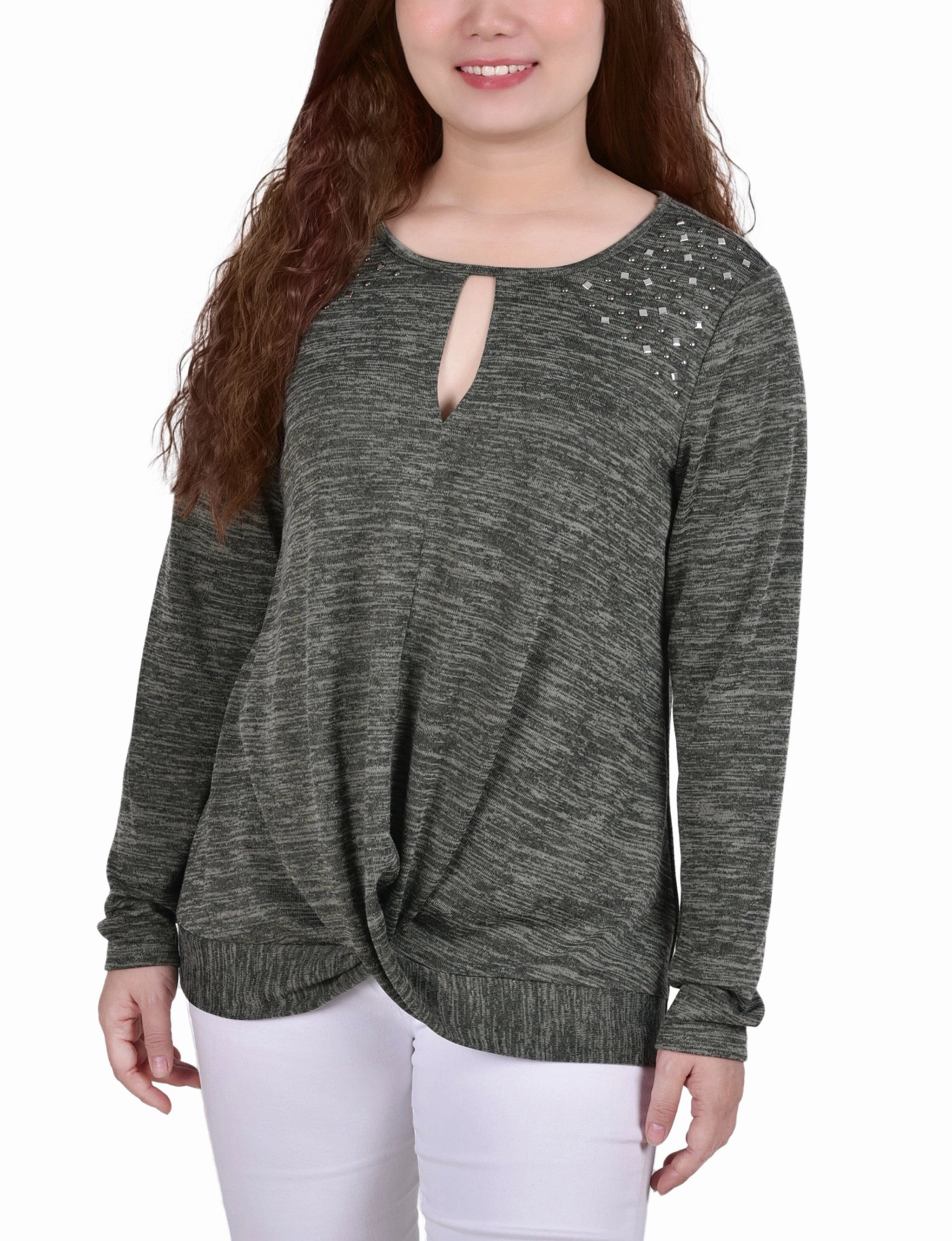 Soft Sweater Long Sleeve Knit Keyhole Top With Studs
