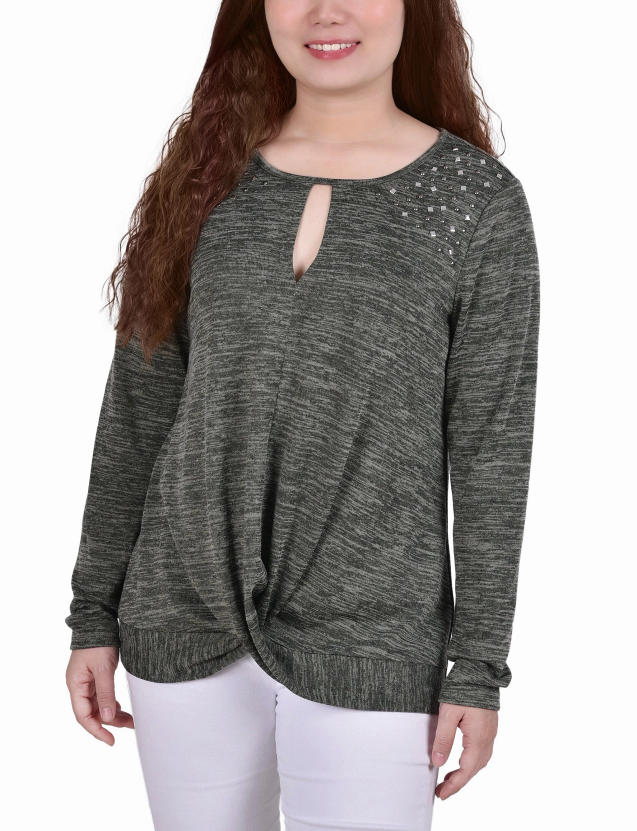 Long Sleeve Knit Keyhole Top With Studs Versatile Layering SlimFitAdaptation