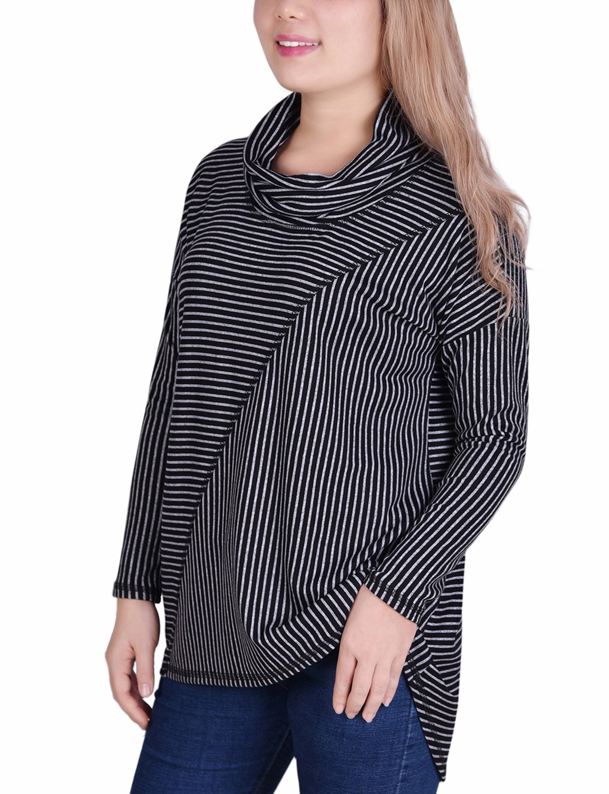Fashionable Shirt Long Sleeve Mini Striped Seamed Cowl Neck Top