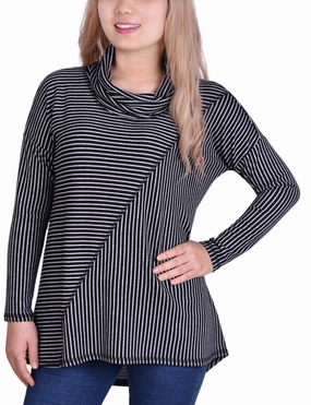 Long Sleeve Mini Striped Seamed Cowl Neck Top PolishedFinish Double Layered Hem Reinforcement