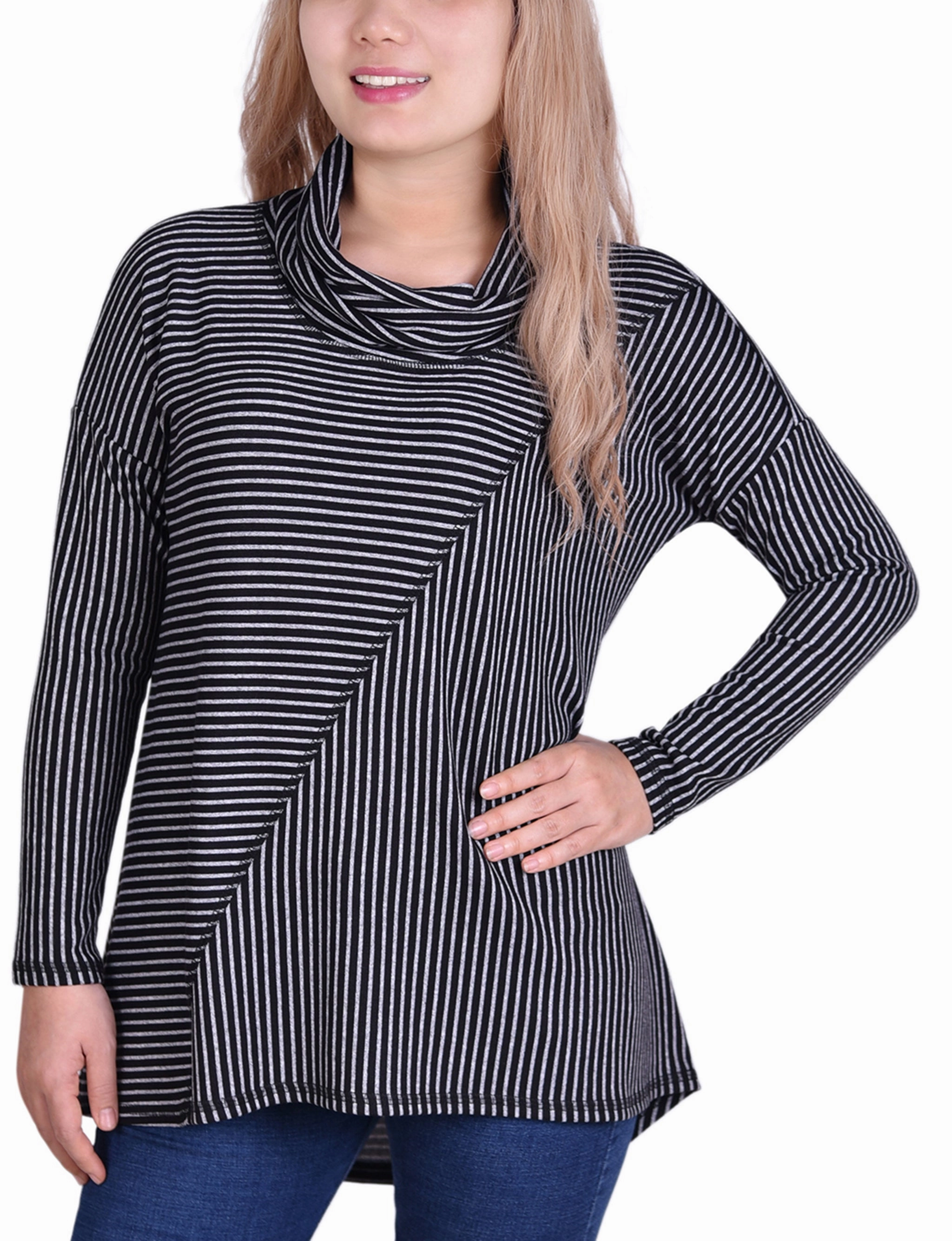Casual Fit Long Sleeve Mini Striped Seamed Cowl Neck Top