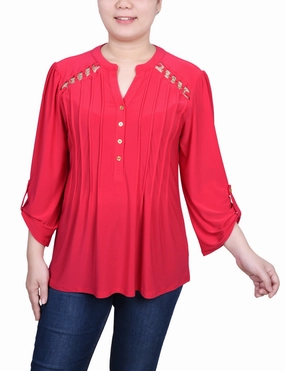 Long Sleeve Pintuck Front Top With Chain Details Stretch Technology hypoallergenic material