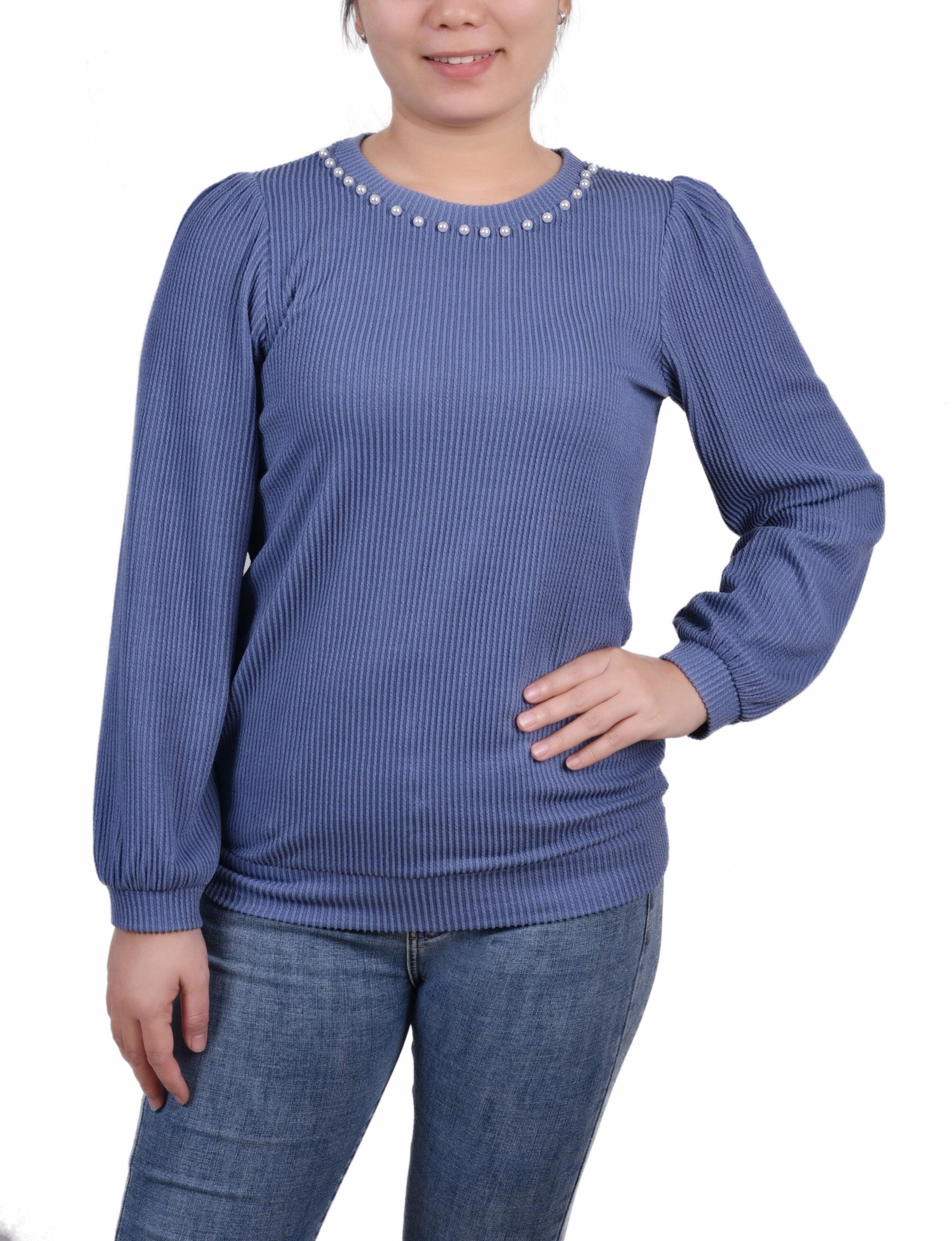 Minimalist Collar AllDay Comfort Design Long Sleeve Ribbed Pearl Trimmed Top