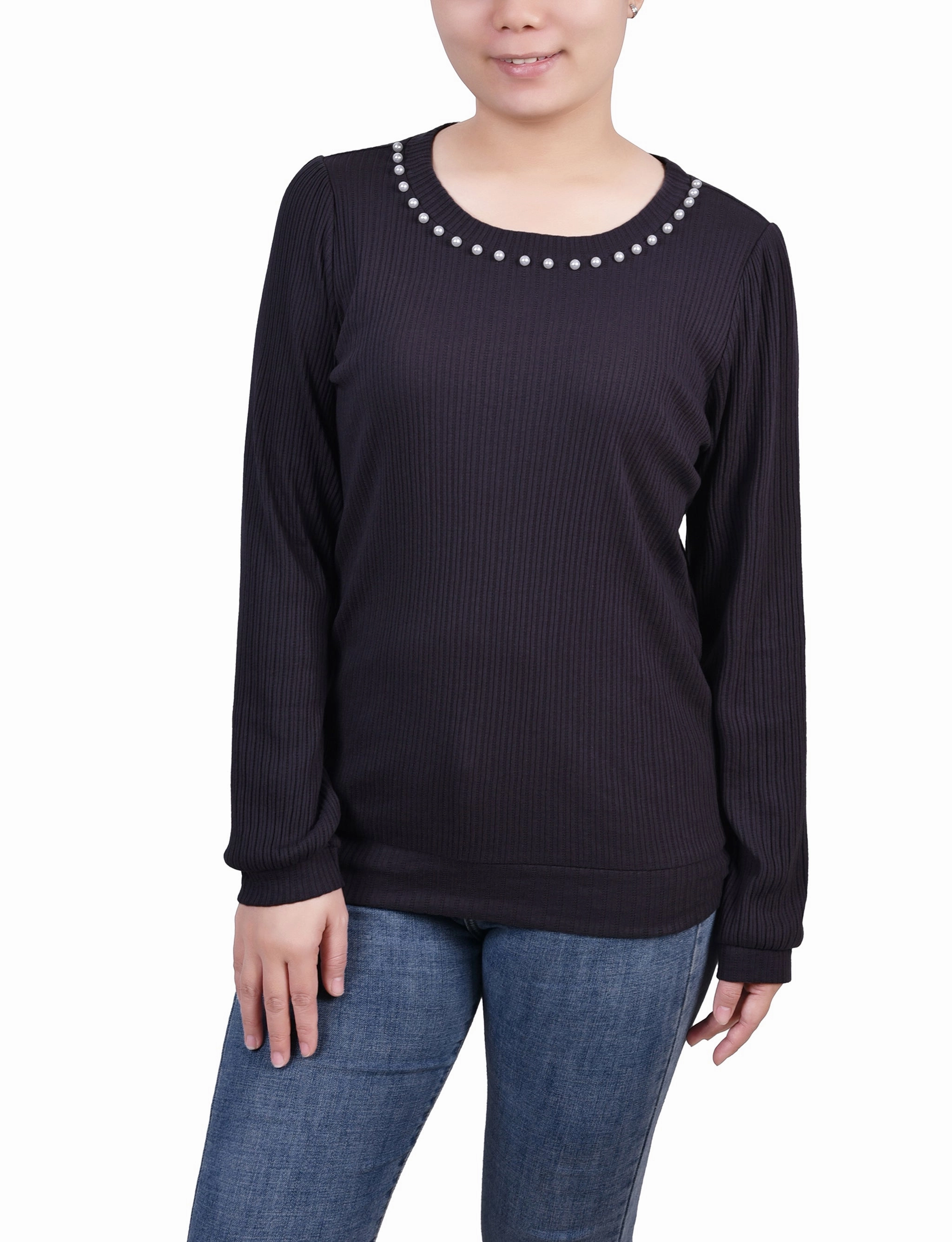 Long Sleeve Ribbed Pearl Trimmed Top Relaxed Crew Neck Opening