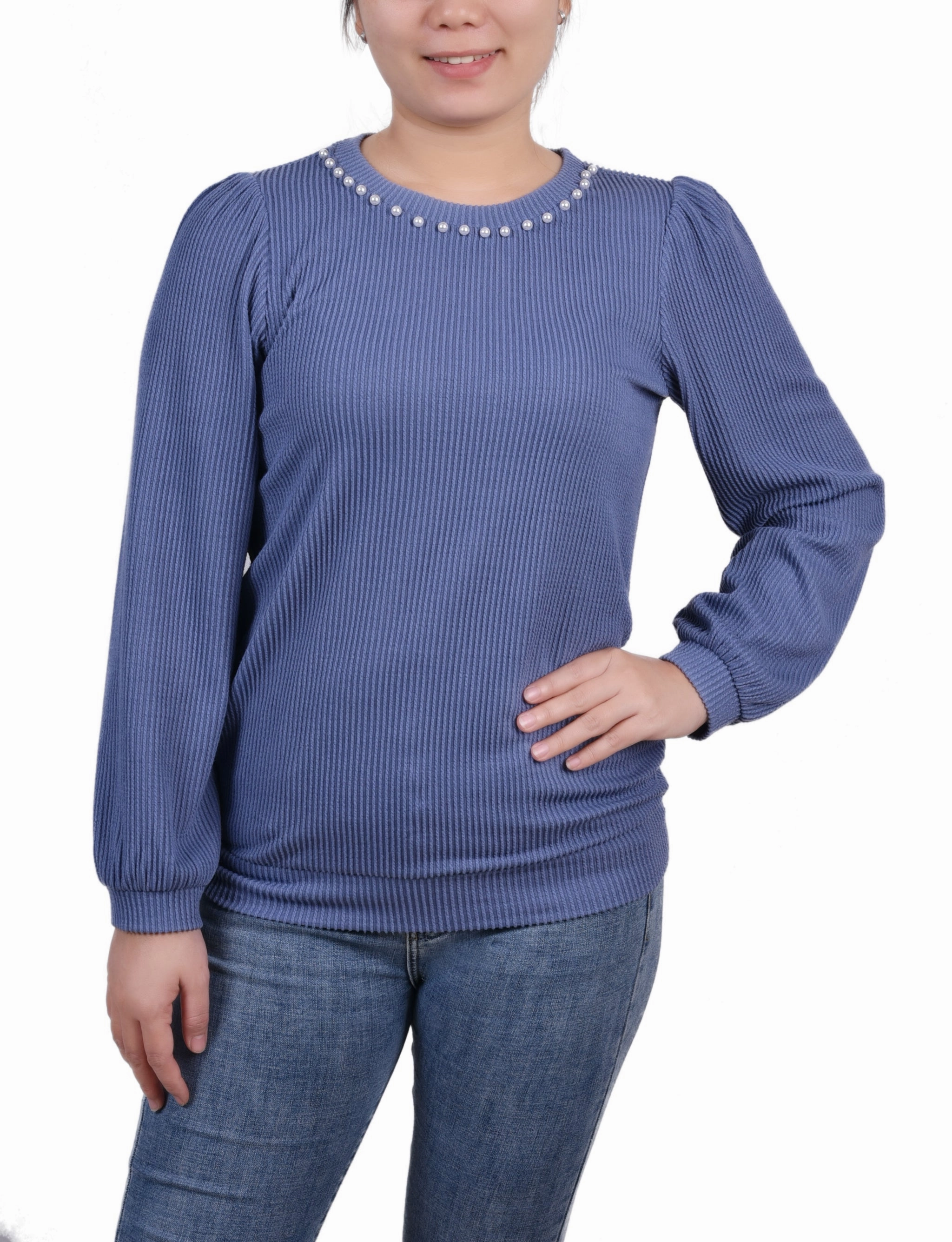 Long Sleeve Ribbed Pearl Trimmed Top Elegant Cut OdorControl
