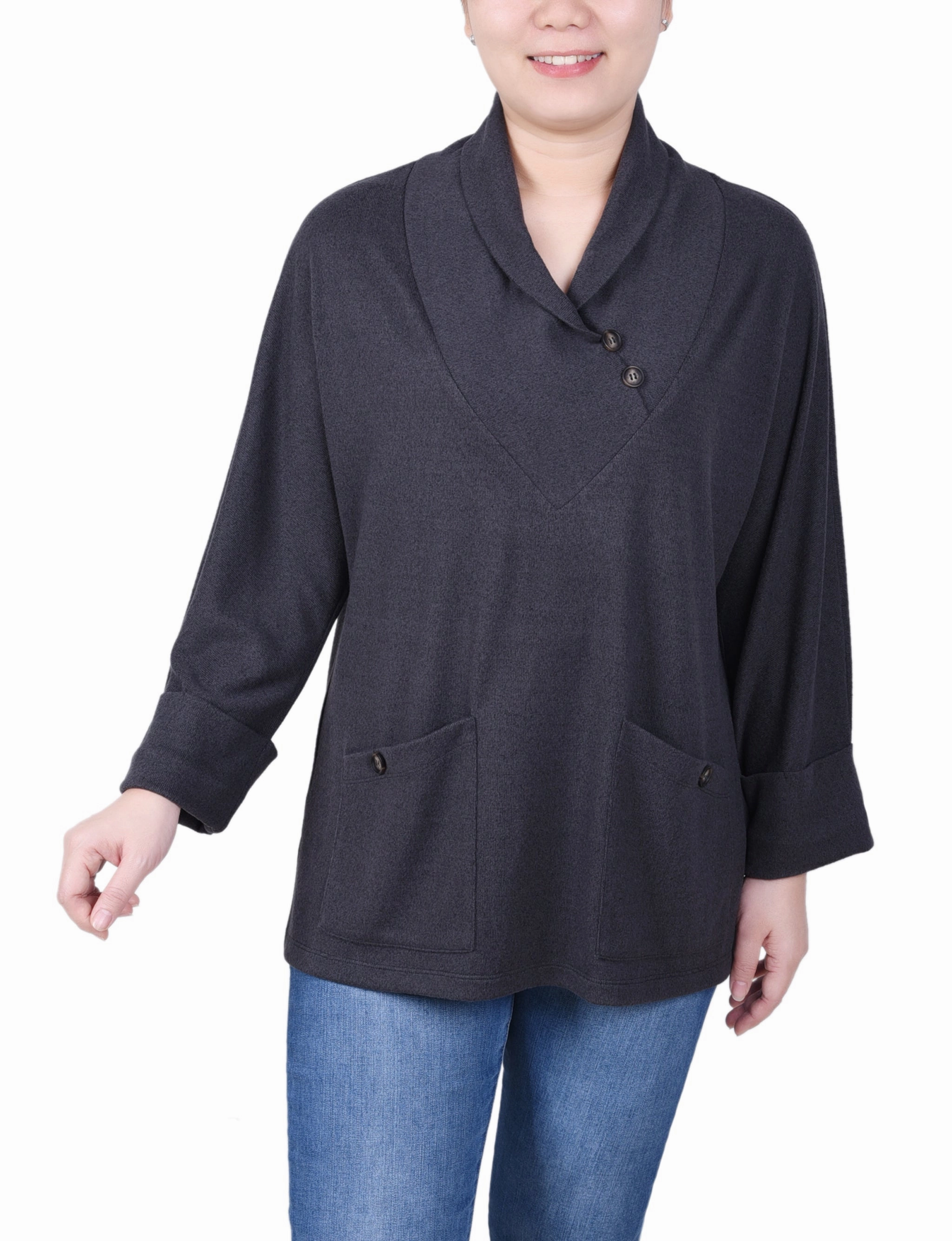 Stretch Comfort Durable Reinforced Elbows Long Sleeve Shawl Collar Top With Pockets