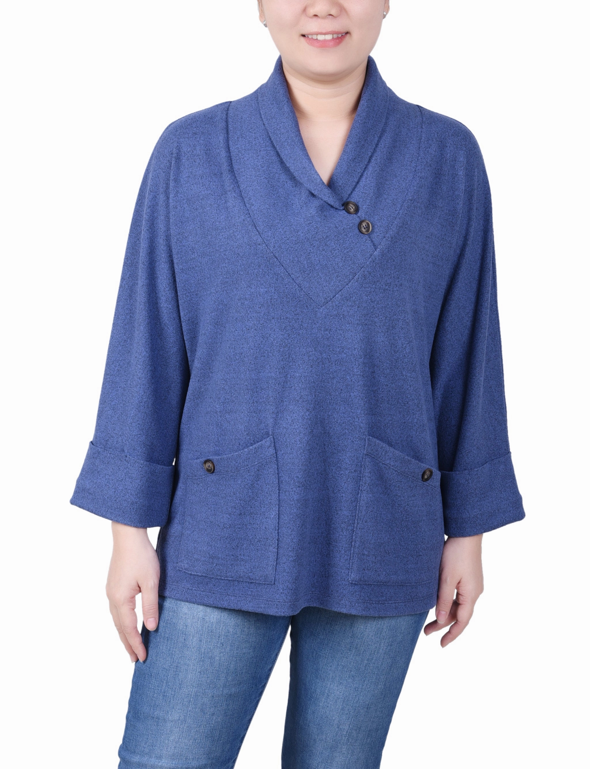 Thermochromic Color Shift Tech Long Sleeve Shawl Collar Top With Pockets